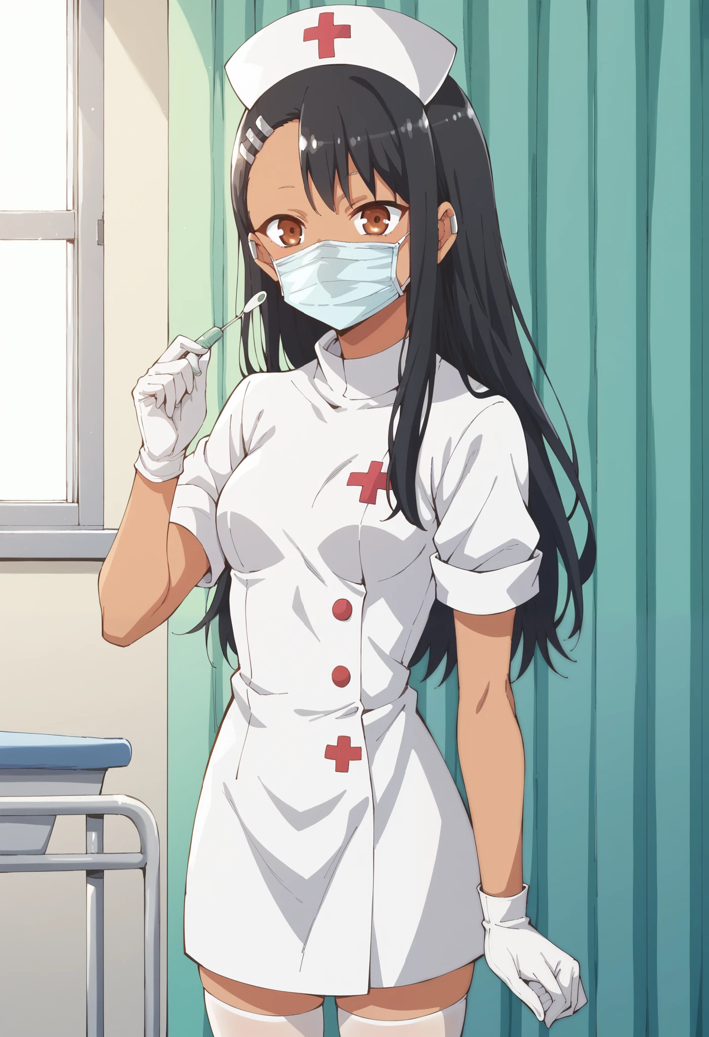 Score_9, score_8_up, score_7_up, source_anime, hayase nagatoro, solo, long hair, bangs, black hair, hair ornament, brown eyes, hairclip, dark skin, dark-skinned female, tan, small breasts, (best quality), (high quality), {masterpiece}, extremely delicate and beautiful, ultra-detailed, beautiful detailed eyes, nurse, nurse hat, ((white nurse's outfit)), white gloves, white legwear, zettai ryouiki, hospital room, ((white surgical mask, covered nose)), standing

