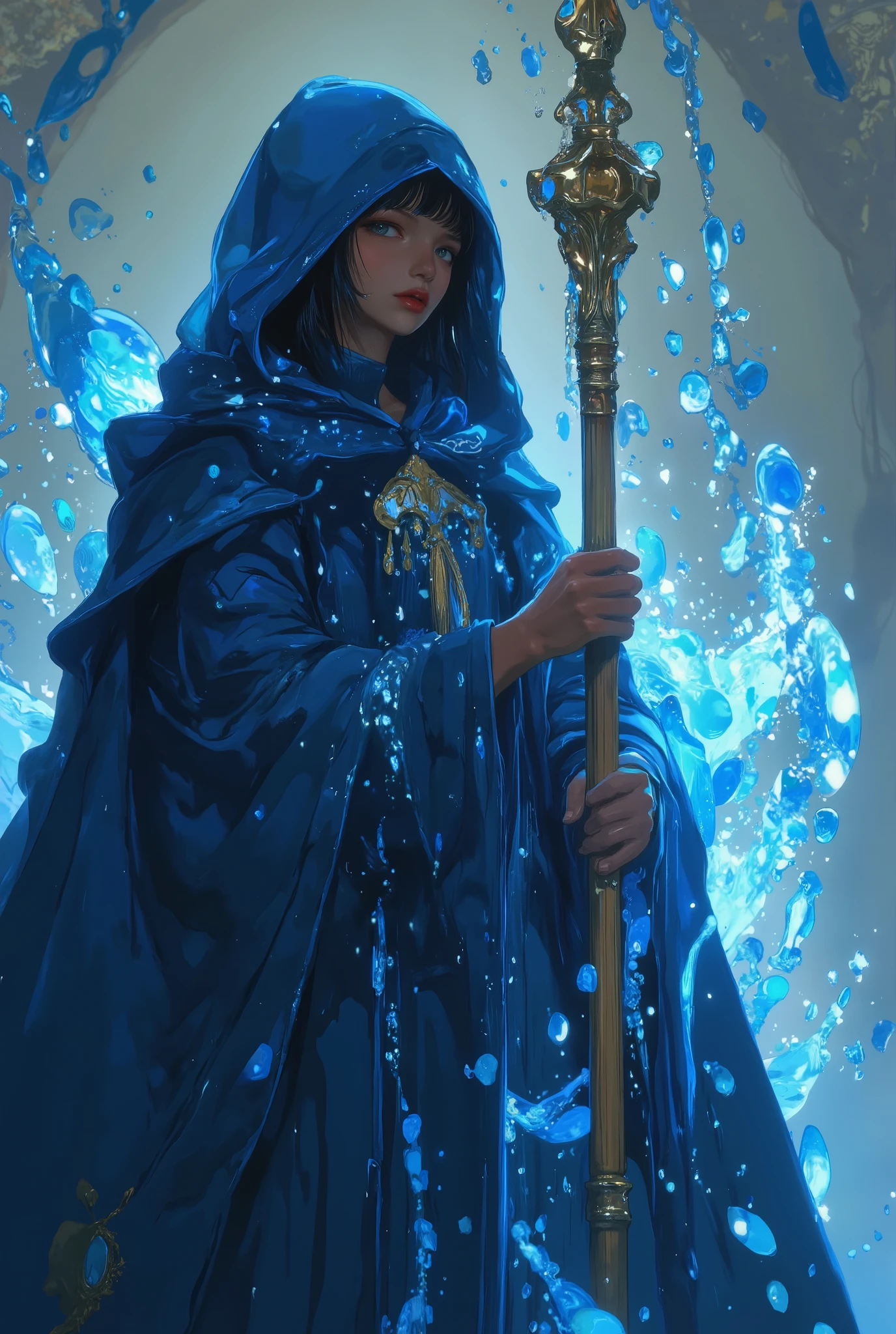 A young handsome dark-skinned RPG wizard, using a large wooden staff. who has a staff with a hanging copper lamp on the end, the lamp is blue fire and has a lantern design. fighting using water magic, his staff covered with water spirit, realism, ultra HD, full body. . wearing deep azure blue color wizard robe. jet black color turttleneck inside robe. wear deep azure blue pointy hat. another hand holding glemering magic book. casting spell when read from book. sharp nose. His striking almond-shaped eyes are a deep emerald green with vivid golden flecks that glimmer . His gaze is piercing yet warm, drawing anyone in with its magnetic intensity.. duel scene with monster without head