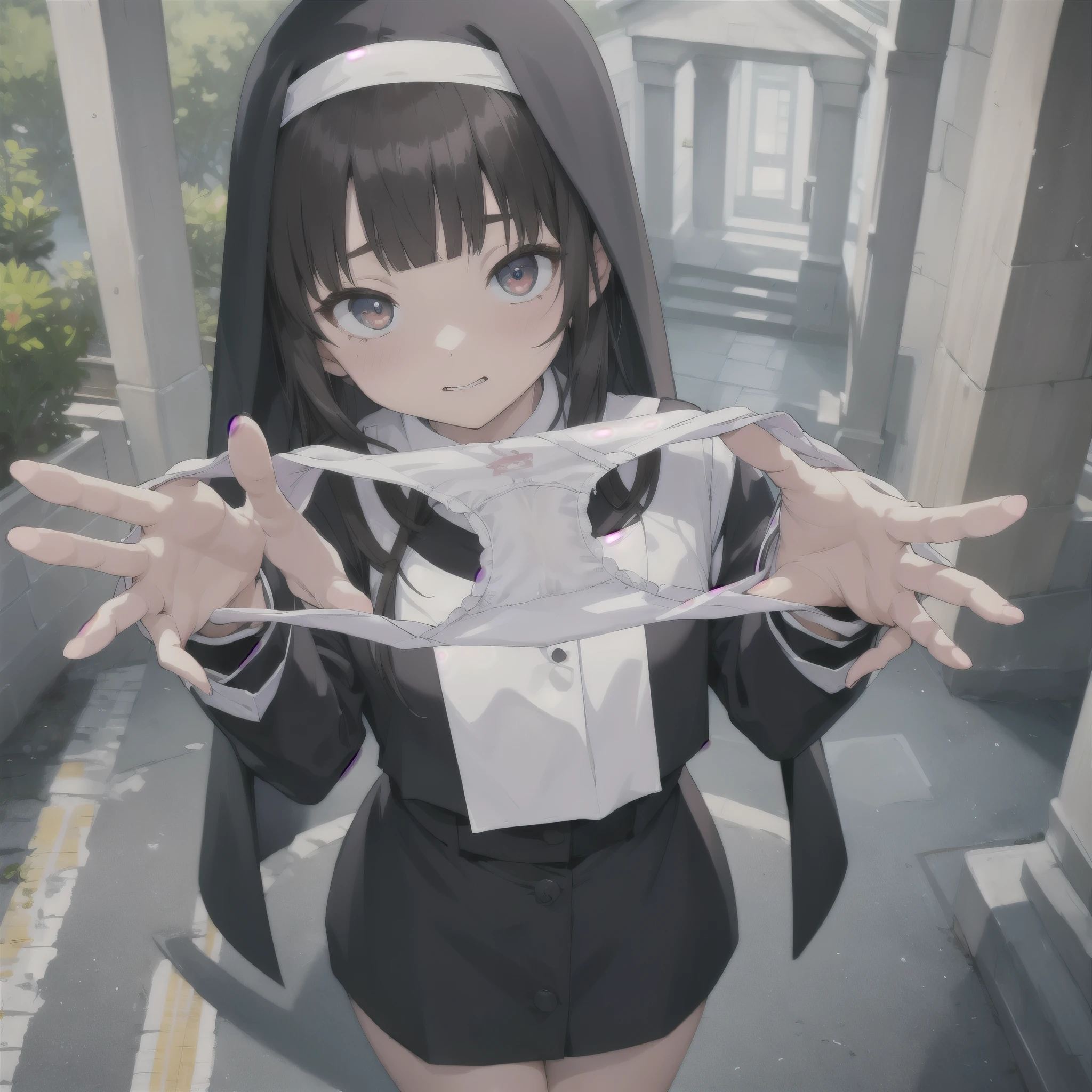 masterpiece, best quality,1girl,prensentingpanties,panties, holding,holding panties, upper body,from above,(loli, little, ultra cute kawaii 1.3), solo, (nup, nun 1.2),(flat chest 1.2),large round eyes, eyes are wide open,long hair, black hair,blunt bangs,monastery uniform,white panties,full body,looking at viewer,church,