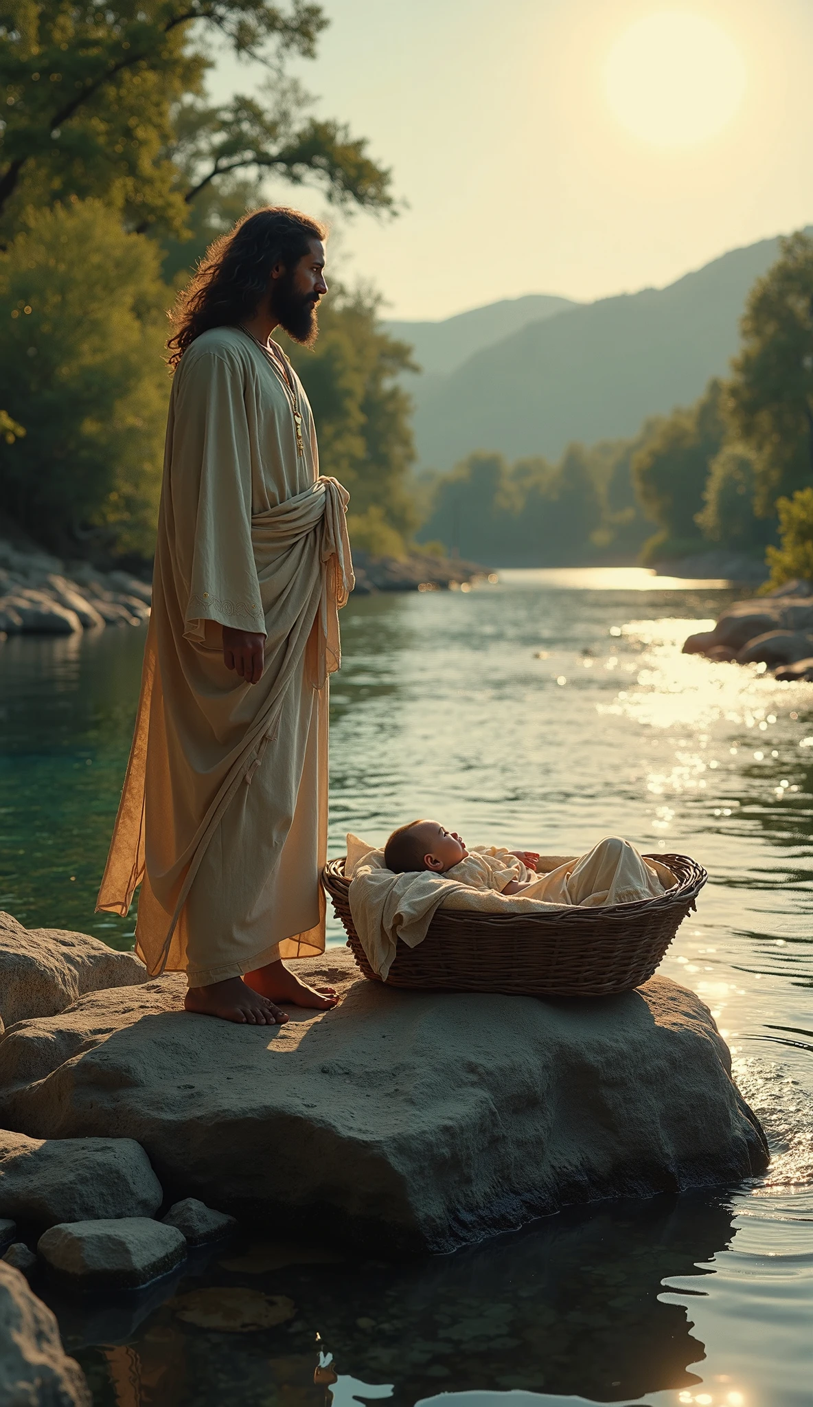 A scene where Moses' mother places the baby in a reed basket on the Nile River.