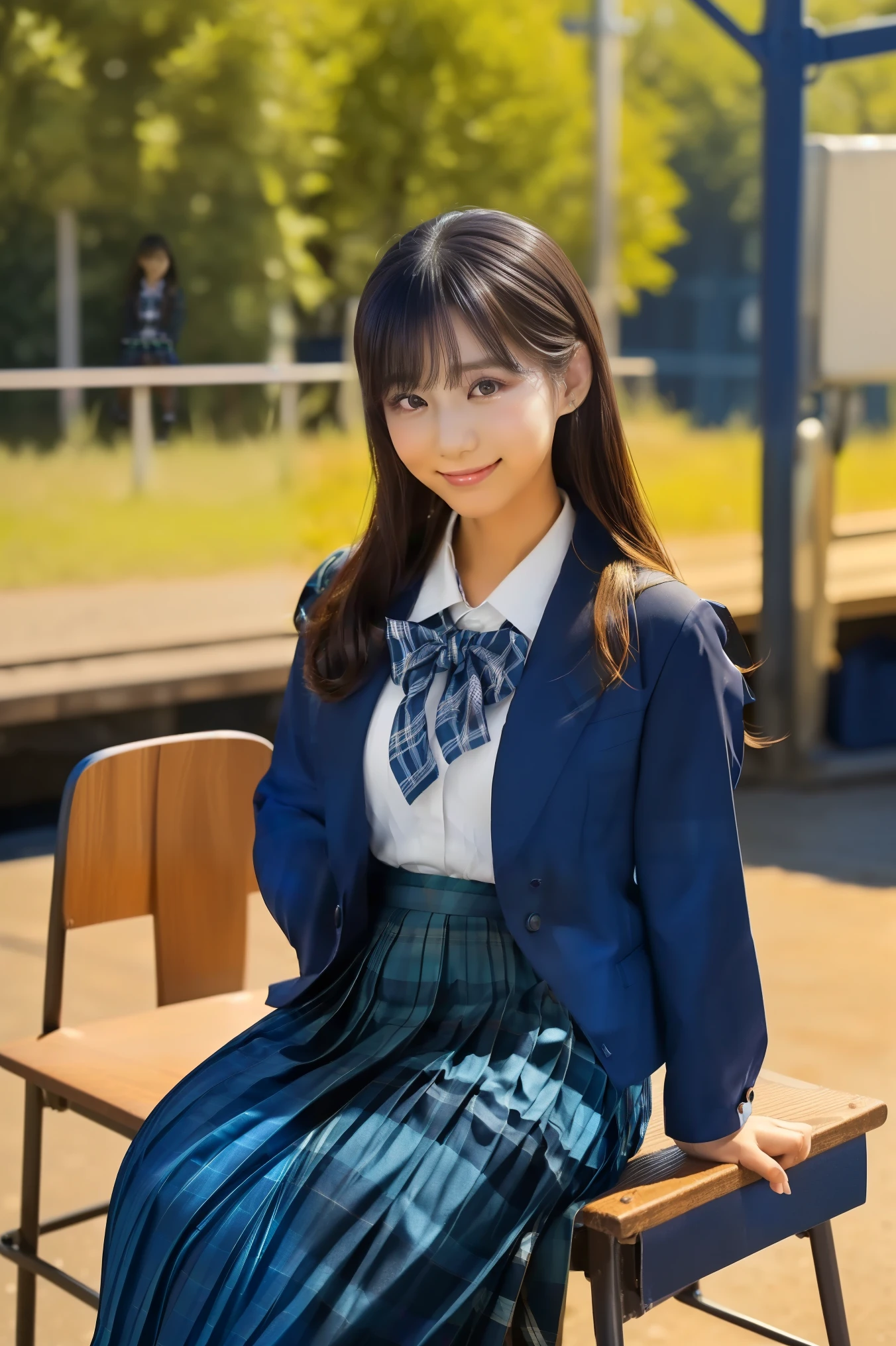 (   TOP QUALITY,    Masterpiece:1.2),    TOP QUALITY,  exist,    photos,    high resolution, 1080P, 8k,    physical rendering   , ((: 158cm)),       Japanese Girl、((((((   blue and navy blue tartan check Formal long pleated skirt {x} A beautiful fashion model from a Japanese fashion magazine is looking straight at the audience)))))), ((( x}    big, beautiful dark brown eyes ,   Details  ))), ((((Smile at me!)))),  Thin fingers , (((short,  curled bangs))), (((( Very noble and beautiful eyes  ,    looks like a careful drawing of butterfly wings   )))), ((   double eyelids)), (((long eyelashes))), ((  cute smiling cheeks  )), ((  pure white light hits my nose and cheeks  .   目とwhite顔が美しく輝き、white  .)), ((((( Her facial features are very expressive and has a nice smile , so sweet, Very clever ))))), ((((    I'm sitting on a platform chair at a rural station    )))), ((((black,  so beautiful、  very long hair )))), (    an eye-catching plain dark blue large student-style bow tie    ), (((    slightly larger dark blue plain blazer  、Goldcrest付き  、Goldcrest ))), ((  looks like an elegant woman  )), ((  I'm sitting on a platform chair at a rural station  )), ((  full body shot ))