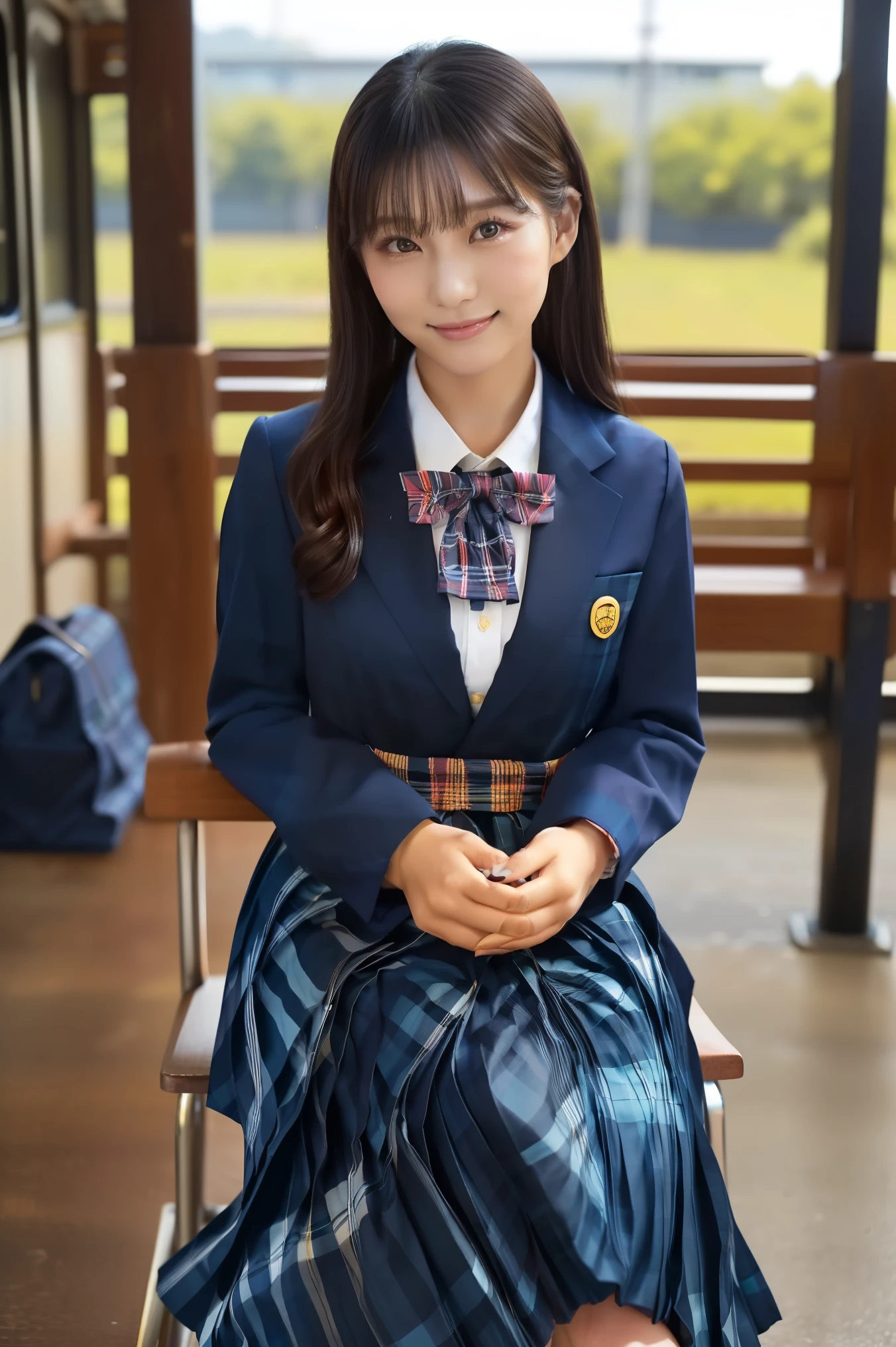 (   TOP QUALITY,    Masterpiece:1.2),    TOP QUALITY,  exist,    photos,    high resolution, 1080P, 8k,    physical rendering   , ((: 158cm)),       Japanese Girl、((((((   blue and navy blue tartan check Formal long pleated skirt {x} A beautiful fashion model from a Japanese fashion magazine is looking straight at the audience)))))), ((( x}    big, beautiful dark brown eyes ,   Details  ))), ((((Smile at me!)))),  Thin fingers , (((short,  curled bangs))), (((( Very noble and beautiful eyes  ,    looks like a careful drawing of butterfly wings   )))), ((   double eyelids)), (((long eyelashes))), ((  cute smiling cheeks  )), ((  pure white light hits my nose and cheeks  .   目とwhite顔が美しく輝き、white  .)), ((((( Her facial features are very expressive and has a nice smile , so sweet, Very clever ))))), ((((    I'm sitting on a platform chair at a rural station    )))), ((((black,  so beautiful、  very long hair )))), (    an eye-catching plain dark blue large student-style bow tie    ), (((    slightly larger dark blue plain blazer  、Goldcrest付き  、Goldcrest ))), ((  looks like an elegant woman  )), ((  I'm sitting on a platform chair at a rural station  )), ((  full body shot ))