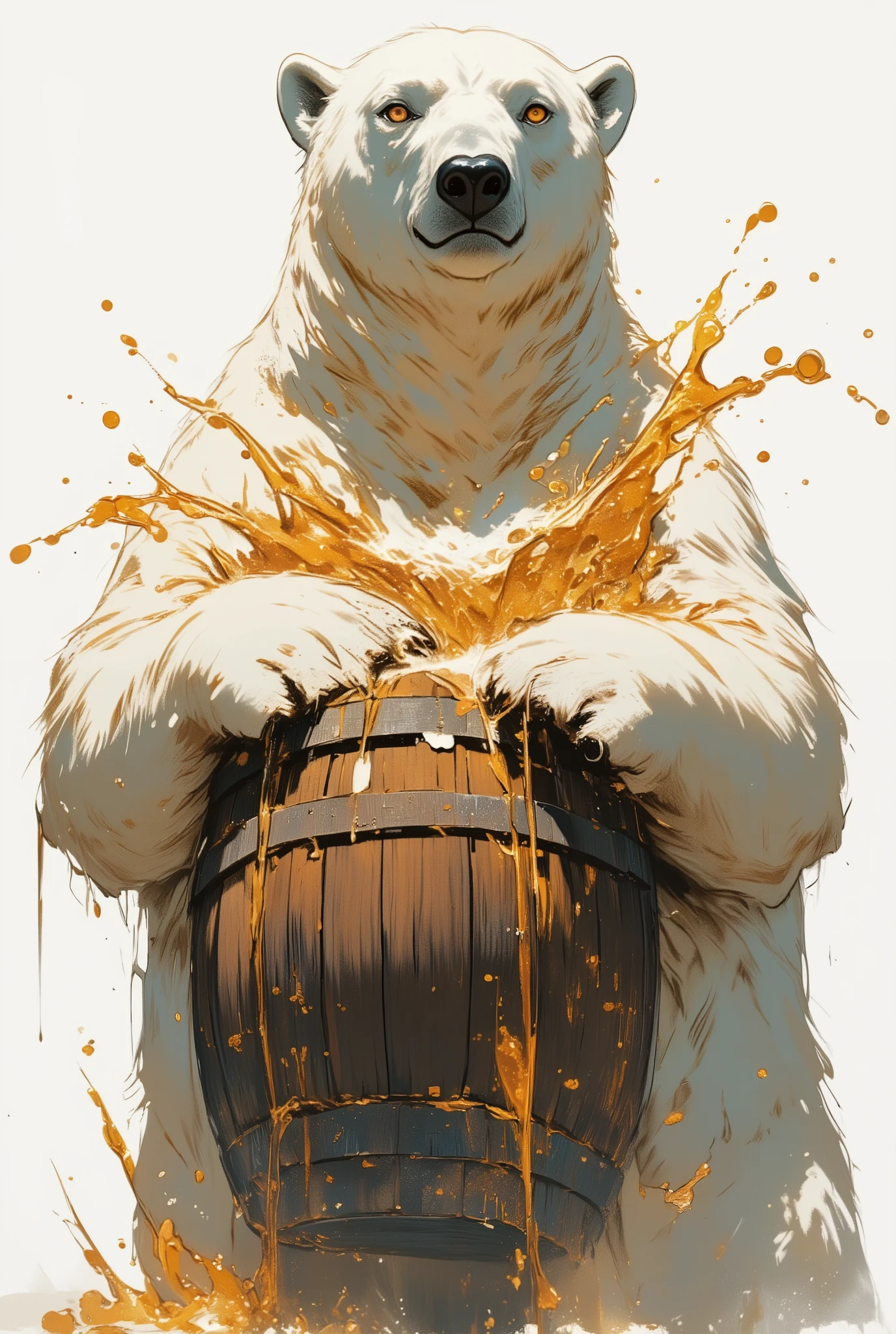 A polar bear holding a barrel of beer from a portrait perspective, looking down at a 20 degree angle, with flowing beer,