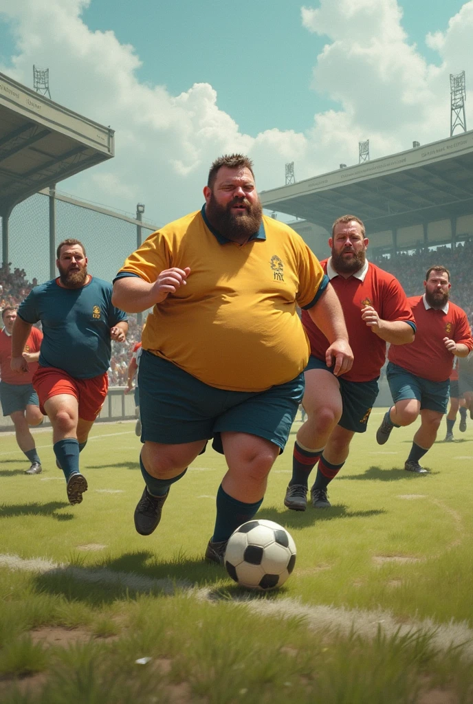 an obese man arriving with a cart at a skinny man in the champions league final on a court