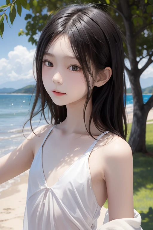 One Girl,(1人のとてもcute女の子:1.3),masterpiece,Highest quality,High resolution,Photorealistic,RAW Photos,Ray Tracing,beautiful girl,(15 years old:1.3),cute,Big eyes,(detailed pupils:1.2),(The face is facing straight ahead:1.3),Body facing forward,Beautiful nose,Fuller lips,Short black hair,ponytail,short hair,Detailed eyelashes,Thin eyebrows,Very fine grain definition,(Symmetrical eyes:1.3),(Face close-up,Face Focus:1.0),Small breasts,White swimsuit,White Bikini,The background is the sea,Southern Island,Portrait,View Viewer,Upper Body,Cinema Lighting,High resolution,Very detailed