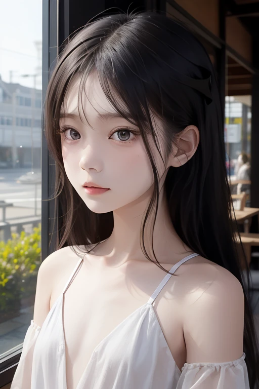 highest quality,finest quality detailed realisticphoto,high-resolution,16k,soft focus,film grain,cinematic lighting,realistic,fine texture,beautiful ultra fine detailed,delicate,beautiful slim girl,very tiny breasts,upped hair,loving viewer