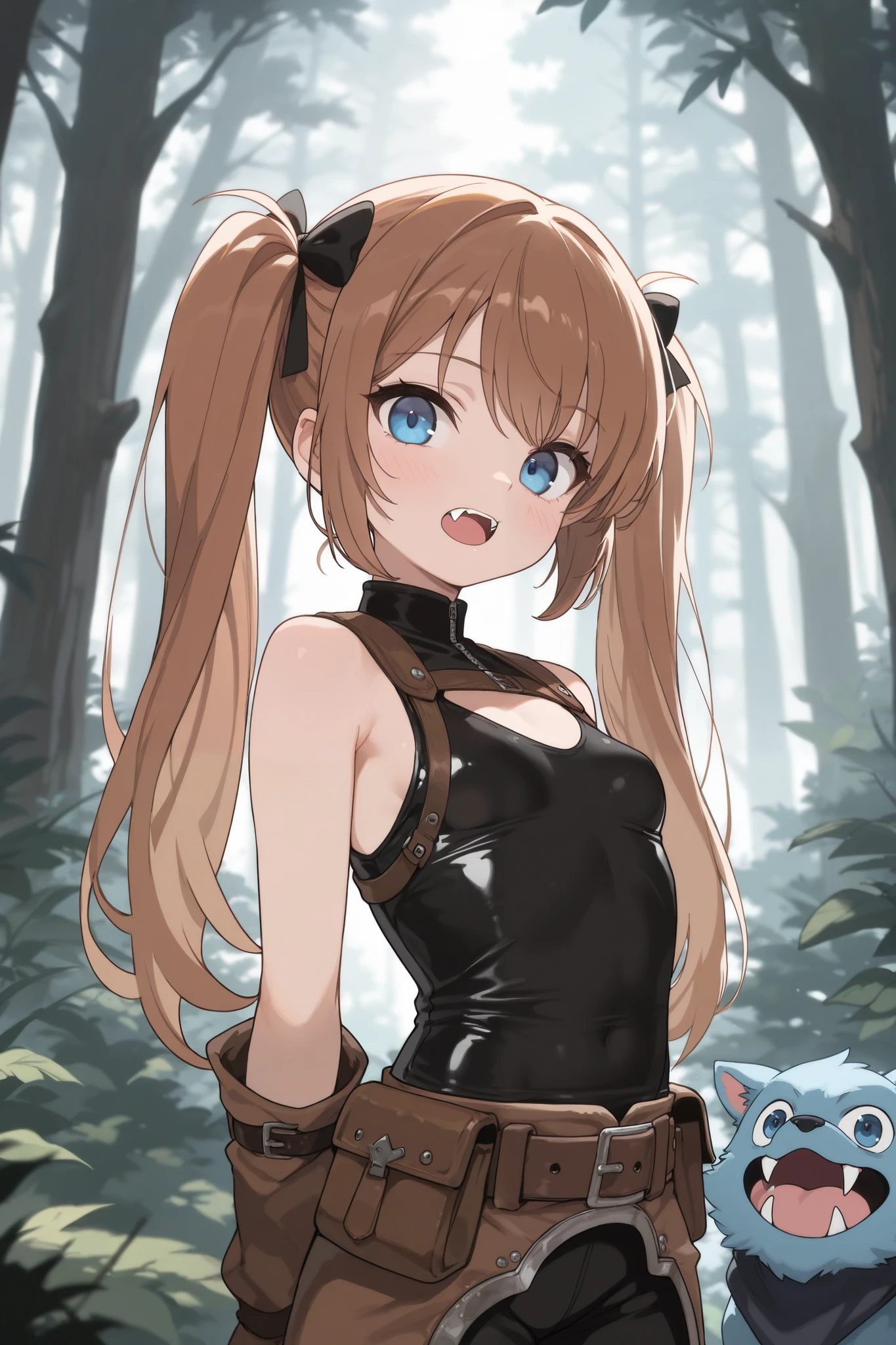 (best quality), (very aesthetic), (ultra-detailed), (best illustration), Ranger, leather armor, sleeveless shirt, one woman, female , twintails, long hair, Chestnut hair, Big blue eyes, Beaming, smugopen mouthfangfangs, (((small breasts))), A skilled hunter tracking a mythical beast in a dense forest, equipped with a bow and traps, short bow