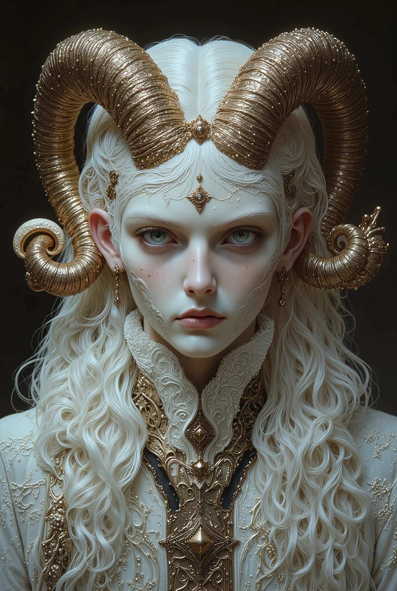 A regal and magical ram-human hybrid with a commanding yet serene presence. Its face combines human features with animalistic charm, framed by a cascading mane of thick, snowy white curls, giving the appearance of a divine entity. Two large, spiraling horns, textured like aged wood, emerge symmetrically from its head, adding to its mythical aura. The creature's pale, freckled skin glows faintly, and its piercing, otherworldly eyes exude wisdom and mystery. A meticulously styled white mustache curls elegantly, adding a touch of sophistication. Subtle animal ears peek through the luxurious curls, blending seamlessly with its dual nature. The backdrop is muted and shadowy, emphasizing the creature’s radiant, ethereal form while creating an atmosphere of quiet reverence