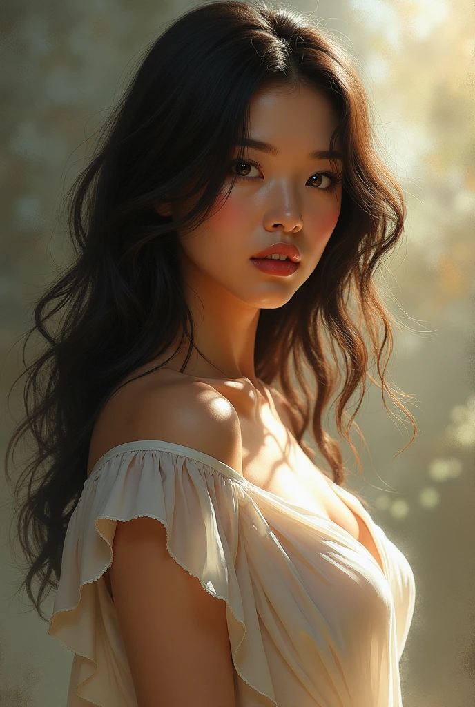 (masterpiece, best quality:1.2), 1girl, solo, half-Japanese girl, beautiful, perfect, petite, shapely, youthful face, sultry, alluring, outdoor, twirling dramatically, opalescent hair, stylish hair, sunlight, shadow,