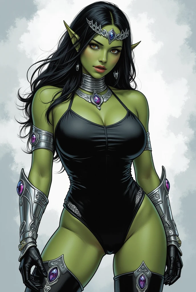 in the style of masters of the universe, a (((green skinned, green skin))) female warrior, She has dark (black hair) and wears (black leotard with silver trim:1.2), (silver tiara), long black boots, fur fringe, fur shoulder pads. (detailed face, detailed eyes) (best quality,4k,8k,highres,masterpiece, colorful, vibrant colors:1.2) , long eyelashes, ((detailed lips)), narrow eyes, lavender colored eyes, piercing eyes, black lipstick, blue eyeshadow. Good hands, detailed hands. Eternia background, multicolor sky, 3 moons in the sky, multiple moons. She stands firmly on the ground a wide stance, ready to fight. dynamic exaggerated poses.  (best quality,4k,8k,highres,masterpiece:1.2) 
