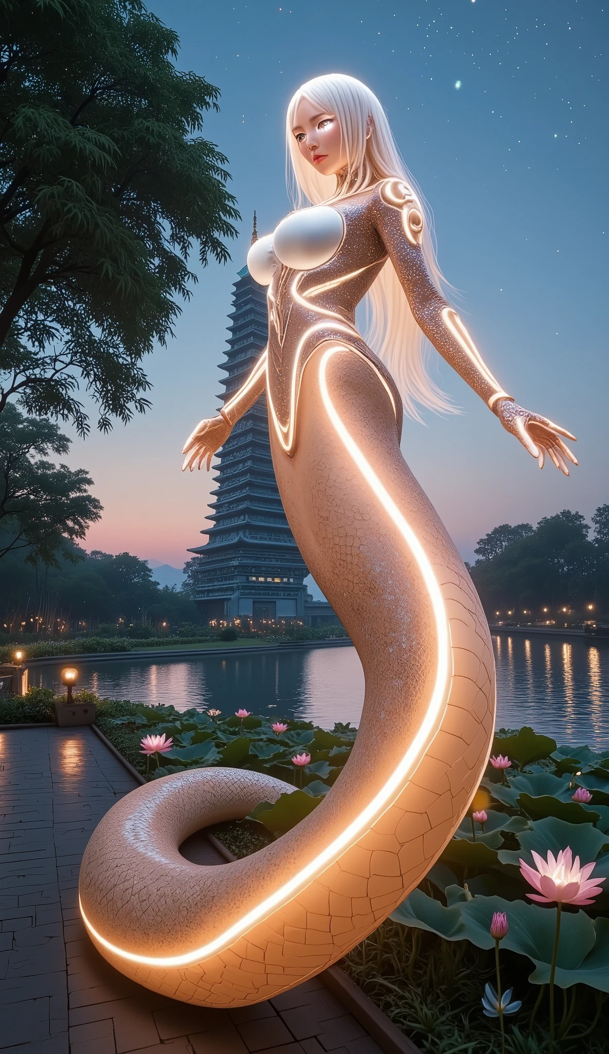 A mesmerizing snake woman with a serpent-like lower body that coils gracefully around the towering, multi-tiered Leifeng Pagoda, located beside the tranquil West Lake in Hangzhou. Her upper body is humanoid, adorned with shimmering scales and a sleek, futuristic bodysuit that blends high-tech design with the natural texture of snake scales. The bodysuit glows with soft neon-like accents, enhancing her ethereal presence as she stands confidently, her form illuminated by the surrounding light. The massive snake tail wraps around the pagoda elegantly, its curves following the graceful structure of the pagoda’s tiers. Her facial features radiate elegance and mystery, with glowing eyes and delicate, flowing hair that cascades like silk. The dynamic pose of her upper body is balanced by the long, sinuous tail, adding a sense of fluidity and grandeur to the scene. The setting is during twilight, with soft hues of pink and orange reflecting on the calm waters of West Lake, adding to the magical atmosphere. Lush greenery and delicate lotus flowers surround the base of the pagoda, complementing the serene beauty of the location. Above, the sky transitions into deep blue with twinkling stars, and gentle lanterns from nearby pathways cast a warm glow, creating an inviting ambiance. The atmosphere blends fantasy and realism, evoking ancient legends and timeless beauty. Hyperrealistic details capture the glowing serpent woman's elegant form and the intricate architecture of the pagoda, making the scene feel both fantastical and profoundly real.
