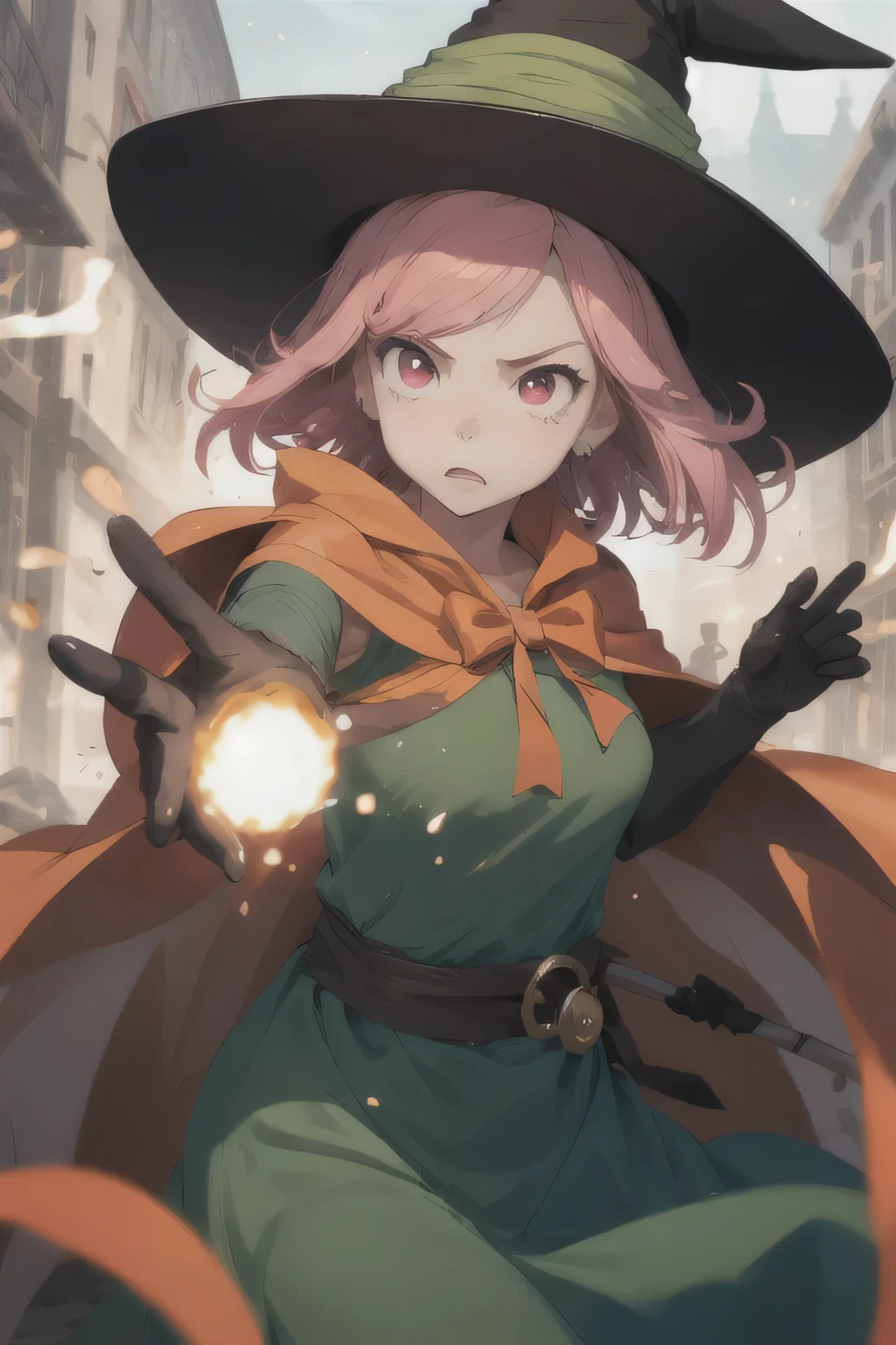 AS-YoungV2,
(8k, masterpiece, best quality, high resolution), fantasy,
cute face, kawaii, very big eyes, Aesthetic Anime Eyes, small face,
mage \(dq3\),
short hair, pink hair, red eyes, large breasts,
witch hat, gloves, green dress, orange cape,
staff,
witch,
disdain,
battle, fighting, casting spell,
light particles,
wasteland,
1girl, solo,