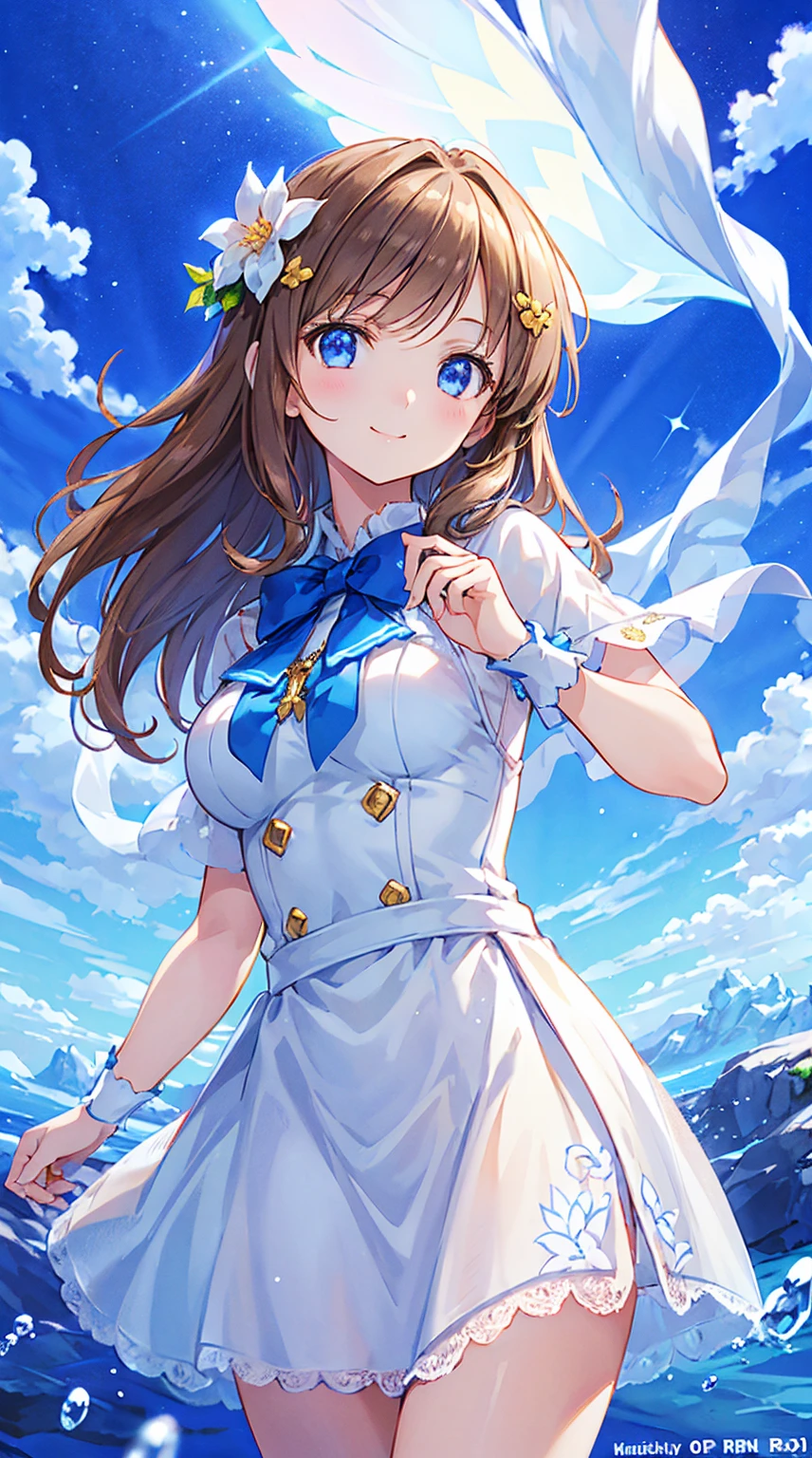 A girl whose armpits smell bad。looking at armpit。An angle that looks like you&#39;re looking up from below.。very cute round face。embarrassed, smile, 