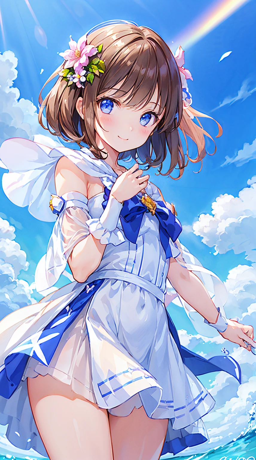 ultra high resolution, highest quality, photograph,one girl、 4k, (realistic:1.4), ponytail、Girl with side ponytail on the right side of the head, Honoka Kosaka、blue eyes、、date、blue sky、(People and landscape ratio 3:1)、big breasts、kiss、express love、love、maternal、hug、3 seconds before hugging、sad expression、salvation、goddess、smile、Fly、jump、jump、white feather、goddess、