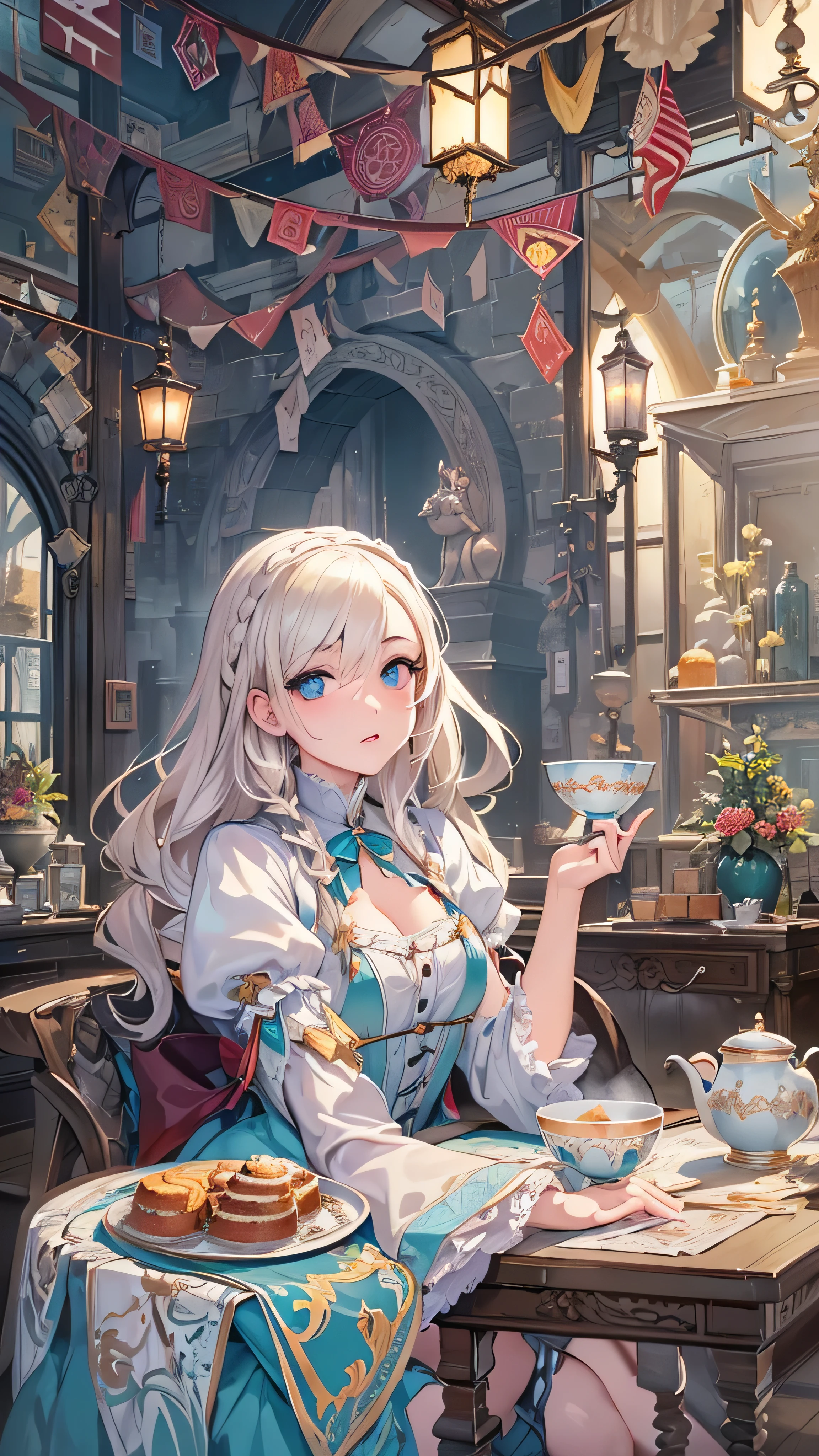 Anime girl sitting at a table with a cup of tea - SeaArt AI