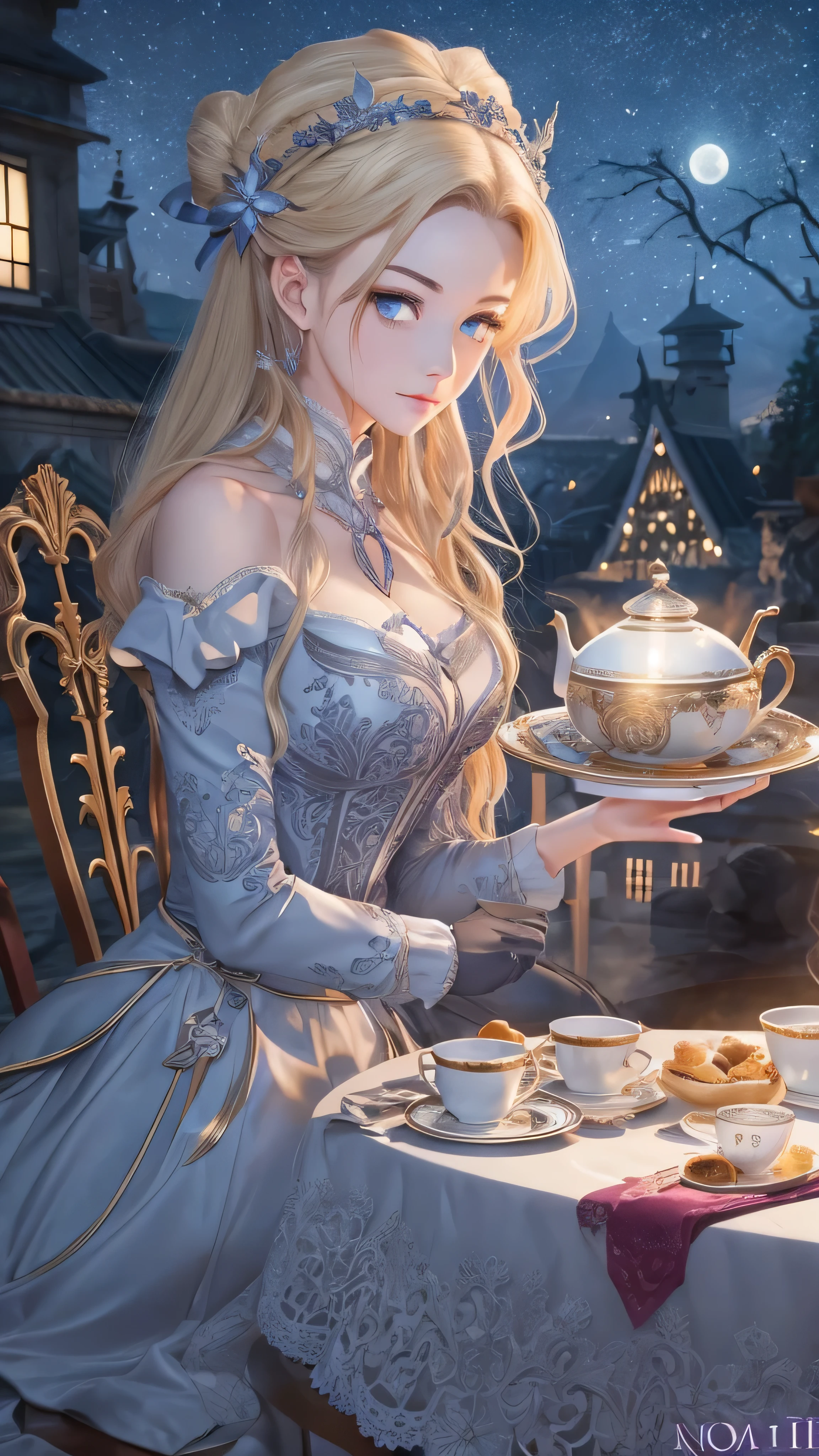in high definition、 Moonlit Night Tea 、 One Girl Platinum Blonde Braids Light Blue Eyes Low Eyebrows , ( The Witch Having a Tea Party on Moonlit Night ), Fantastic Moonlight 、 Magical Carnival ( Sitting at a Table Outdoors )Moonlit Night Background, by Nomi:1.2, masterpiece , super detailed, intricate details, perfection quality, Ultra sharp , super detailed, Photo by Nomi, perfection shadows, professional lighting, by Nomi, is blurry, boekh , Light masterpiece by Michelangelo, depth of field, super detailed character, perfect quality , top quality, Face Details , Sandra Chevrier Slovaki Star made with , by maciej kuciara , sharp, (perfection, body:1.1), by Nomi, True Shadow, 3d, ( Dark castle background :1.2), (by maciej kuciara), ( professional lighting:1.3) (Professional photography:1.3), Sit at a table outdoors。