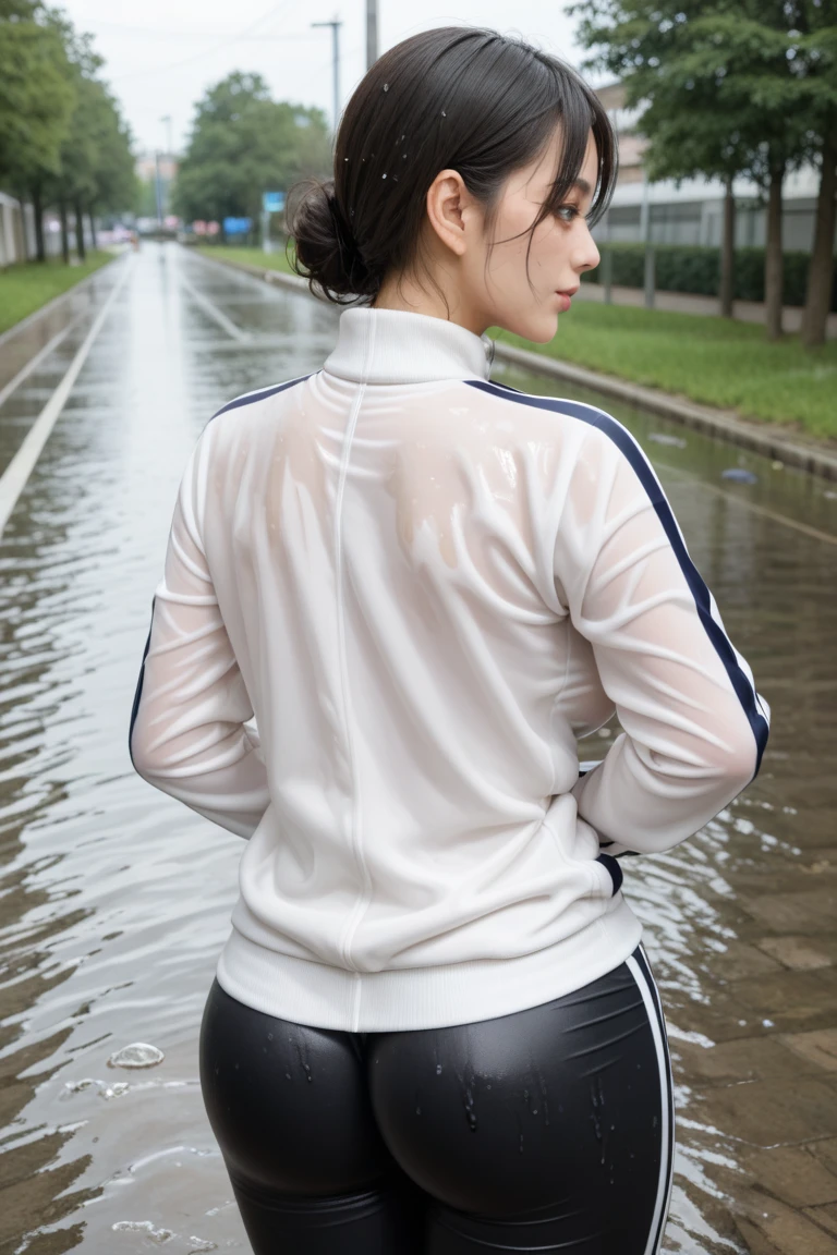 Ultra-high resolution,Very detailed,Highest quality,One Girl,Japanese women, smile, Voluptuous bust,Perfect body, Full body photo, Heavy Rain,typhoon,In the water,Tight white running wear,Tight, long, blue sports tights,Cleavage,The belly button is visible, Wet skin,The clothing is shiny,Your clothes are wet and stick to your skin,The skin has a lustrous appearance