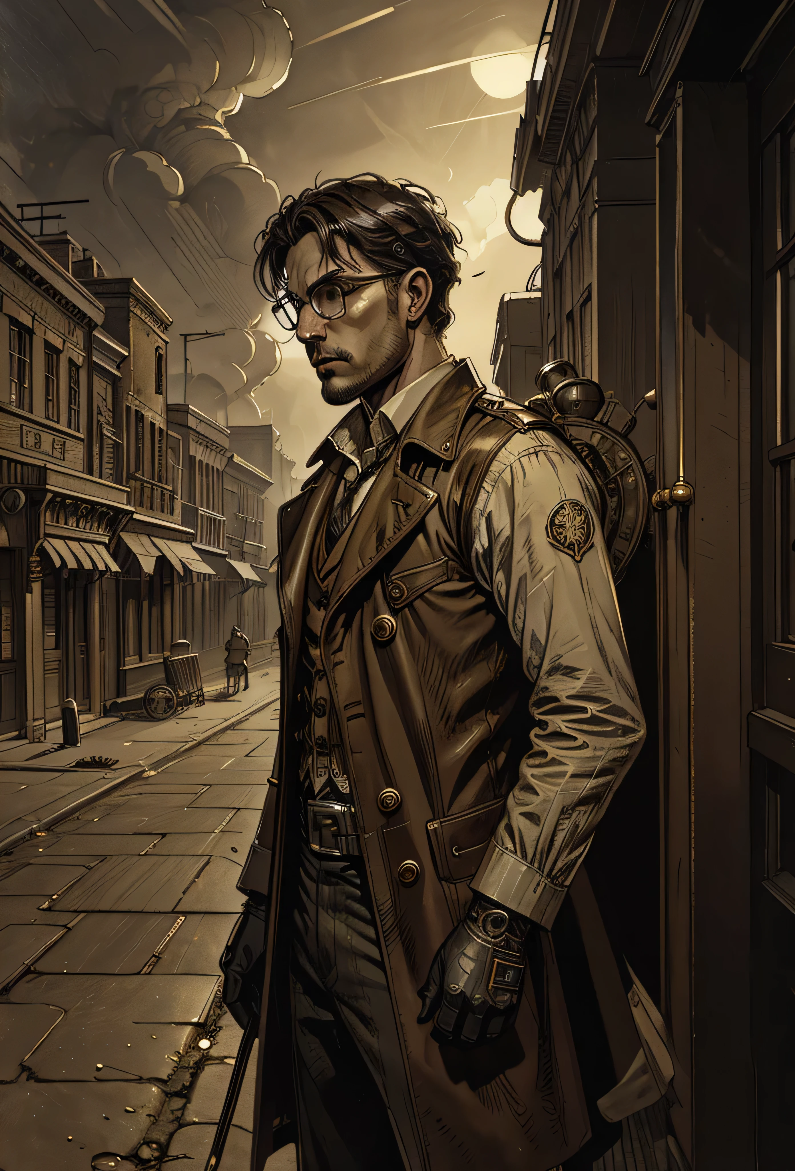 human, 1male, 1man, 1boy, mysterious steampunk secret agent, standing, dimly lit alley, soft glow of gas lamps, tailored Victorian-style trench coat, brass fittings, intricate clockwork mechanisms, high-collared vest, leather gloves with hidden gadgets, pocket watch with arcane symbols, brass-rimmed goggles with multiple adjustable lenses, holstered steam-powered pistol, collapsible cane sword, towering smokestacks, airships drifting, smog-filled sky, shadowy figures in the distance, calm calculated expression, (insanely detailed, beautiful detailed face, masterpiece, best quality), cinematic lighting, solo, cowboy shot, front view, looking at viewer, intricate, high detail, sharp focus, dramatic, photorealistic painting art by greg rutkowski