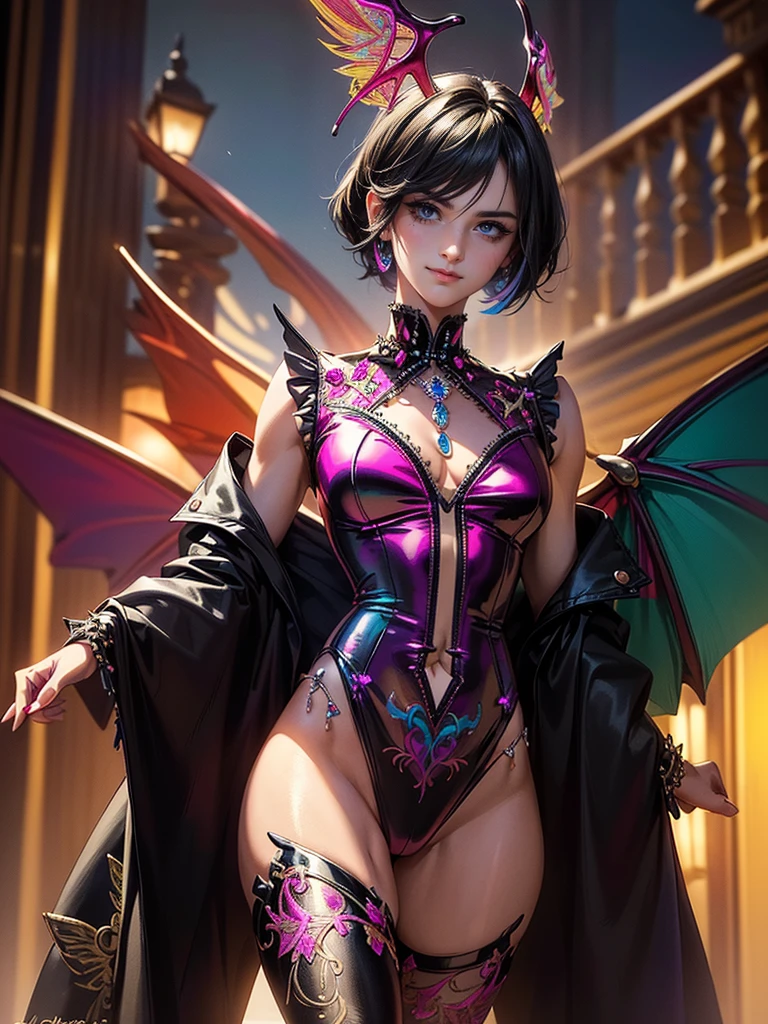 (masterpiece: 1.2, best quality), (1milf, solo), huge breasts, (Dynamic posture), (shiny skin, green skin), demon girl, thin and lacy gloves, ( small demonic horns:1.1), (Lilith \(Darkstalkers\)), (heaven), fringe, (jewelry, golden ornament:1.15 ), large pelvis, blue (pantyhose:1.1)