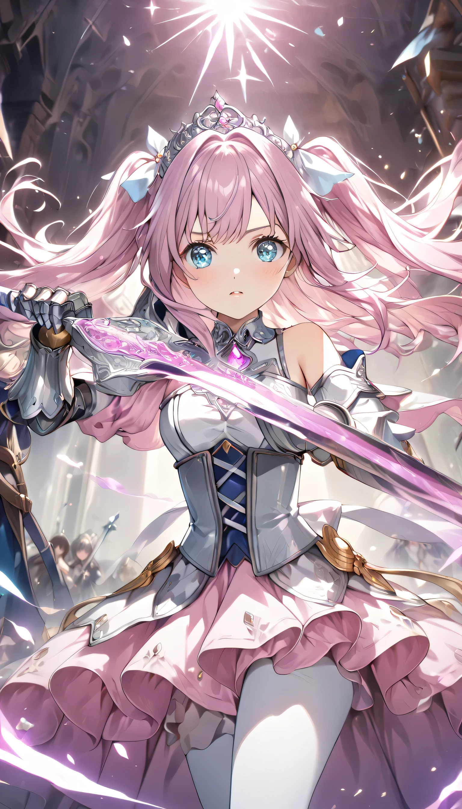 ((ultra-detailed)), (highly detailed CG illustration), (best quality:1.2), ultra-highly detailed, colorful composition, artistic photoshoot, solo focus, (upper body), moe anime character,  girl, dainty facial structure, babyface, round face, rounded chin, ideal ratio body proportions, celia-default, celia claire, blue eyes, sparkle eyes, two side up, hair ribbon, ample breasts, fantasy motif princess knight costume with sword weapon, matching design of pearl white metal plate armor and pastel pink dress, (white metal plate armor covers entire body:1.2), princess tiara decorated with beautiful jewels, wear elegant and beautifully decorated pearl white metal plate armor over a elegant pastel pink princess dress, white metal armor texture with an elegant luster, elaborate gold decorations, elizabeth color with jewelry brooch, ((serious:1.4)), ((holding  fantasy motif magical sword combat stance:1.4)), ((in a battle posture:1.4)), bare shoulder, cold shoulder, bare thighs, ((matching design white metal gauntlet with gold decoration, armed covers from elbow to wrist:1.2)), white metal heeled boots with gold decoration, corset shaped waist parts, lace-up, ribbon decoration, white pantyhose, pastel pink lace flared skirt, (layered skirt-hem), white tulle lace on skirt, wide A-line, mini skirt, long cape made of organza material with a beautiful gradation of white and pink, (glowing aura), ((dynamic pose:1.4)), (fighting in fantasy), expecting, pink cheek, pink gloss slip, portrait, depth of field, lighting, sidelighting, (shine), lighting, caustics, ray tracing, lustrous skin, highly detailed face, highly detailed eyes, perfect nose, perfect anatomy, beautiful hair, beautiful small face, beautiful detailed eyes, beautiful clavicle, beautiful body, beautiful breasts, leavage, breasts squeezed together, beautiful thin thighs, beautiful legs, beautiful fingers, lovely, (very detailed background:1.0), (highly detailed background:1.0), intricate details, chromatic aberration