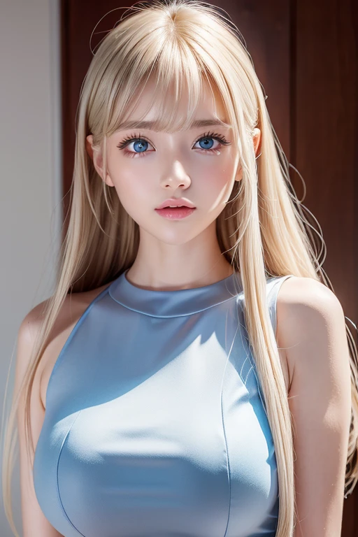 Golden shiny hair、Super long straight silky hair、Dazzling blonde super long silky hair、16 years old cute little beautiful face、A beautiful girl、Sparkling blonde dancing in front of a pretty face、Long, silky bangs that cover the space between the eyes、Very beautiful, bright, large, light blue eyes、Very big eyes、Hair that hides the face、Sexy pretty young woman with super long bangs、Very white skin、Cheek gloss highlighter、Small Face Beauty、Round face、Cute Shirts、Ample Bust