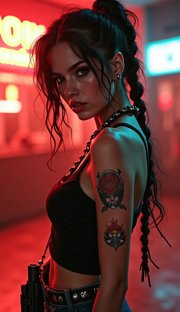 (art by Don Northrup:1.1), award winning, Complex Dark ages Emma Raducanu, Exploring new places, Pirate hairstyle, Voyeuristic Danceclub Tattoo, Masai Watch, tilt shift, Hopeless, Pre-raphaelitism, Neon Light, (Cinematic, moody lighting) ,