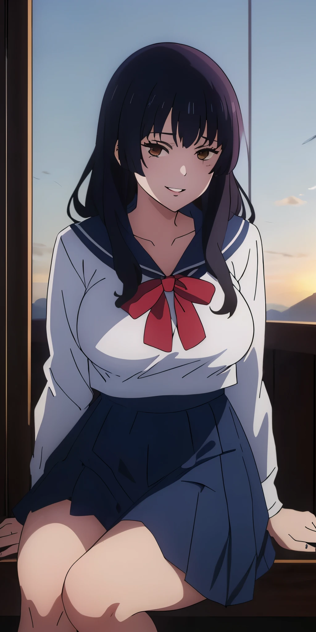 Young woman drawn in 80’s anime art style.
Retro anime. Vintage Anime. Classical Anime.
She has long and wavy brown hair, light brown eyes, full lips, and a beauty mark located under the right side of her mouth. She is well known for her curvaceous figure of which her most distinctive trait is her very large breasts. She has a sinister smile.
Meanwhile she is also visiting a High School!
She is wearing a sailor fuku (セーラー服, sērā fuku, sailor outfit) is a common japanese style of uniform worn by women, traditionally by high school female students.
The uniform generally consists of a sailor-styled blouse attached with a (Navy blue sailor-style collar) and a Dark Navy Blue Sailor Blouse. The length of the long skirt goes down past her ankle.
A ribbon is tied in the front and laced through a loop attached to the sailor blouse. The color is the ribbon is red. (RED RIBBON)
(Dark Navy Blue Sailor Shirt)
(Dark Navy Pleated Skirt)
(High School)