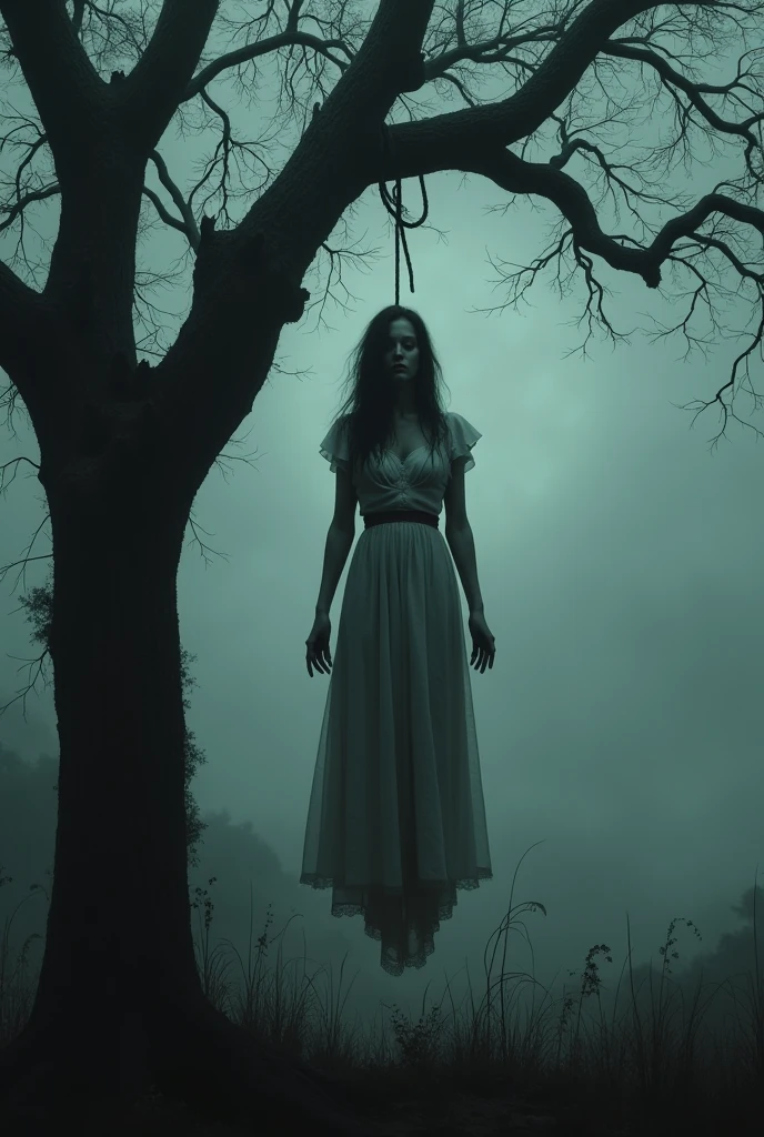 Dead female, hanging noose around neck, gallows