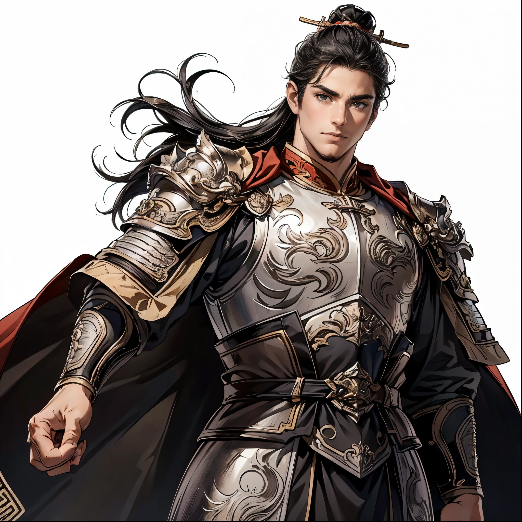 ( highest quality,4K,8k, high resolution, Masterpiece:1.2),super detailed,(super fine illustration),((One Man in Armor)),20 years old,Heroes of the Three Kingdoms,((Beautiful neutral boy :1.2)), beautiful face,Perfectly symmetrical face,Extremely Sexy Man , detailed eyes:1.2, perfect eyes,(( Attractive Dark Eyes )),((( Beautiful long black hair :1.3))), fresh smile:1.2,Thin eyebrows,(( well-trained body)),cinematic lighting, soft shadows,(( Ancient Chinese silver armor with metal engraving leading up to detailed works of art:1.3, Holding an Ancient Chinese Sword :1.3,large red cloak:1.3,dynamic pause)),(( cowboy shot:1.2)),(( WHITE BACKGROUND :1.3,simple background:1.3)),(( standing:1.3, depicted so as not to be seen from the tip of the head :1.3))