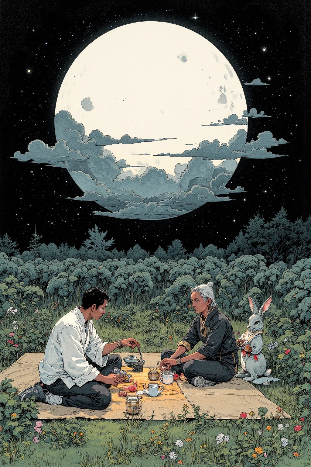 Night of a huge full moon , 1 tatami mat is placed on the prairie , 2 tea people hold a tea party , A huge full moon that shines white , surreal コラージュ, a contemporary artistic コラージュ, collage art work, new album jacket, Great Job !, digital collage ,collage art ,  contemporary collage, mixed media collage , surreal + high resolution, surreal style,convertible, drawn on a black base ,rabbit,Japanese silver grass🌾,Tea pot 