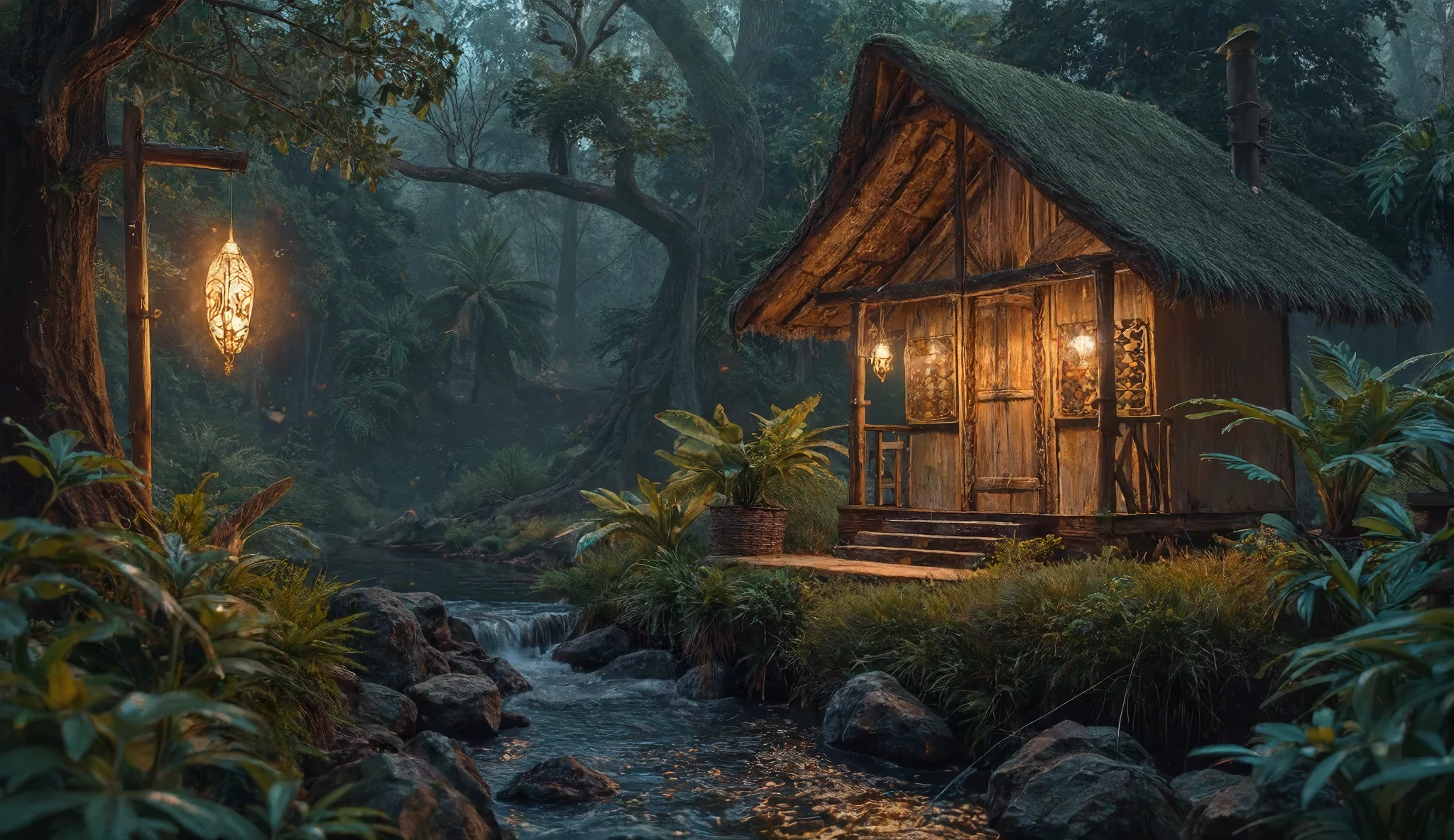 A serene nighttime scene in a lush forest, featuring a traditional bamboo building resembling a small Muslim prayer house mushola in Indonesia. The structure has a thatched roof, bamboo walls, and intricate details, with a balcony at the front. On the side of the house, realistic stairs lead up to the entrance, with a small clearing providing space around the structure. A gentle stream flows a short distance from the house, with a patch of grass and rocks lining the streambank, creating a natural separation. A mini waterfall softly feeds into the stream, its gentle sound blending with the peaceful ambiance. The scene is bathed in cinematic lighting, with soft, warm hues from the lanterns that hang from two bamboo posts near the house. These lanterns have an Islamic design, featuring intricate patterns, casting a gentle, golden glow that reflects on the water. The surrounding forest is dimly lit by the lanterns, with fireflies flickering in the shadows, adding a subtle magical touch to the peaceful atmosphere. The dense trees and foliage enclose the area, creating a sense of intimacy and tranquility without any visible sky.