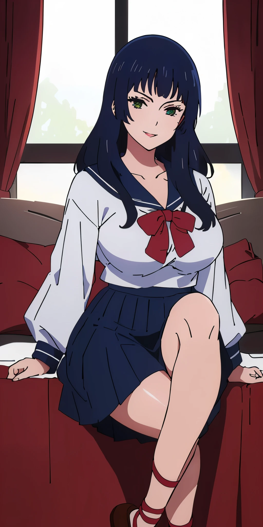 Young woman drawn in 80’s anime art style.
Retro anime. Vintage Anime. Classical Anime.
She has long and wavy black hair, green eyes, full lips, and a beauty mark located under the right side of her mouth. She is well known for her curvaceous figure of which her most distinctive trait is her very large breasts. She has a sinister smile.
Meanwhile she is also visiting a High School!
She is wearing a sailor fuku (セーラー服, sērā fuku, sailor outfit) is a common japanese style of uniform worn by women, traditionally by high school female students.
The uniform generally consists of a sailor-styled blouse attached with a (Navy blue sailor-style collar) and a Dark Navy Blue Sailor Blouse. The length of the long skirt goes down past her ankle.
A ribbon is tied in the front and laced through a loop attached to the sailor blouse. The color is the ribbon is red. (RED RIBBON)
(Dark Navy Blue Sailor Shirt)
(Dark Navy Pleated Skirt)
(High School)