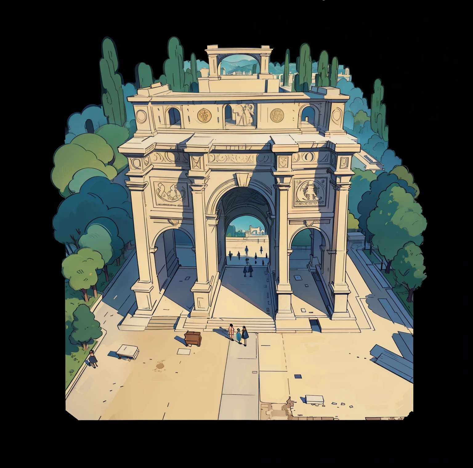 best quality, Arc de Triomphe,illustration, poster, 8,000, masterpiece, cartoon,Simple