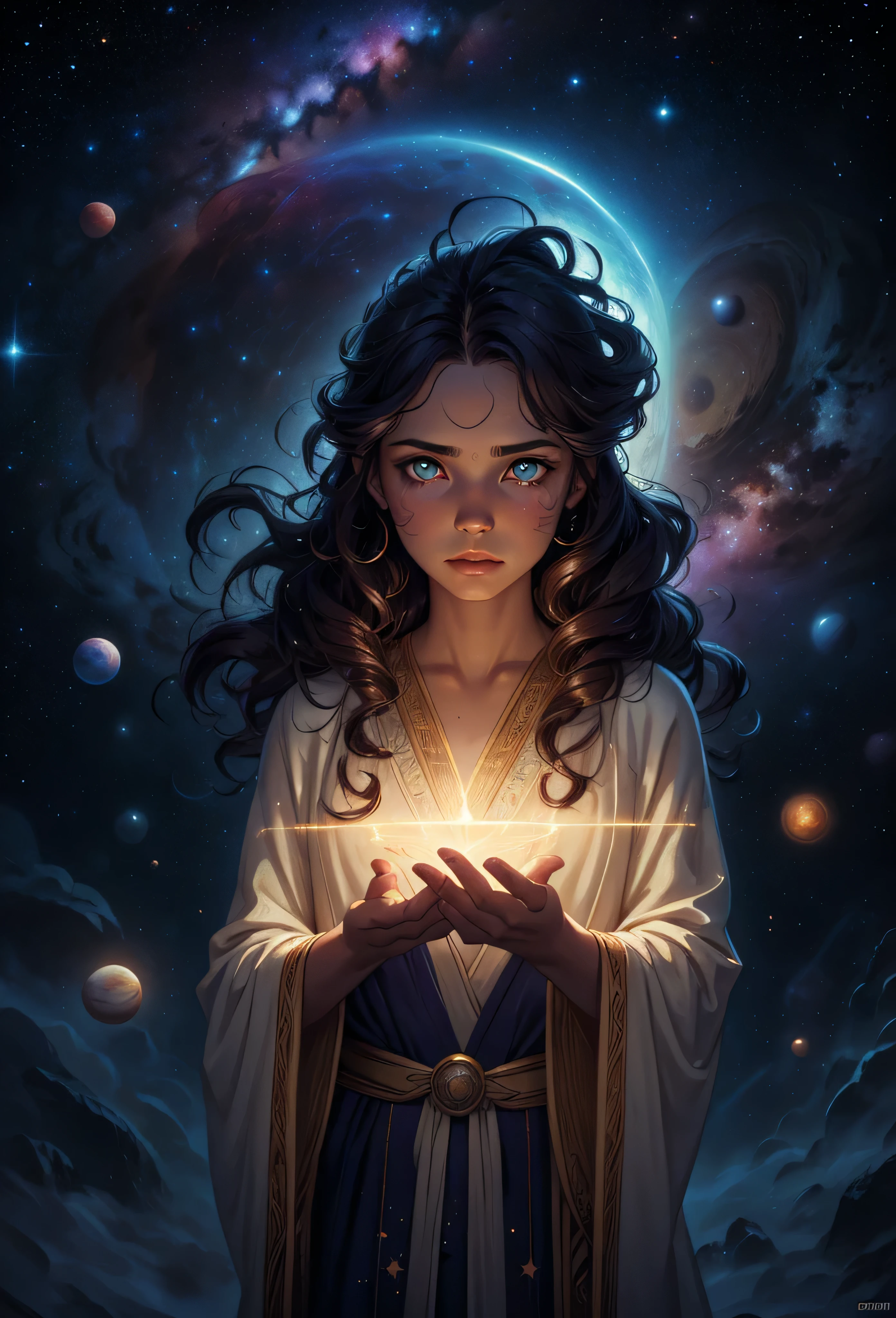 human, 1child, 1teen, 1baby, celestial, standing, vast cosmic sky, infinite stars in shimmering eyes, faint luminescence skin, delicate cosmic markings glow softly along arms, wisps of ethereal energy swirl around, hair flows weightlessly, celestial silk robe, peaceful otherworldly presence, deep space, celestial bodies, distant planets, shimmering starfields, like wonder, ancient wisdom, (insanely detailed, beautiful detailed face, masterpiece, best quality), cinematic lighting, solo, cowboy shot, front view, looking at viewer, intricate, high detail, sharp focus, dramatic, photorealistic painting art by greg rutkowski