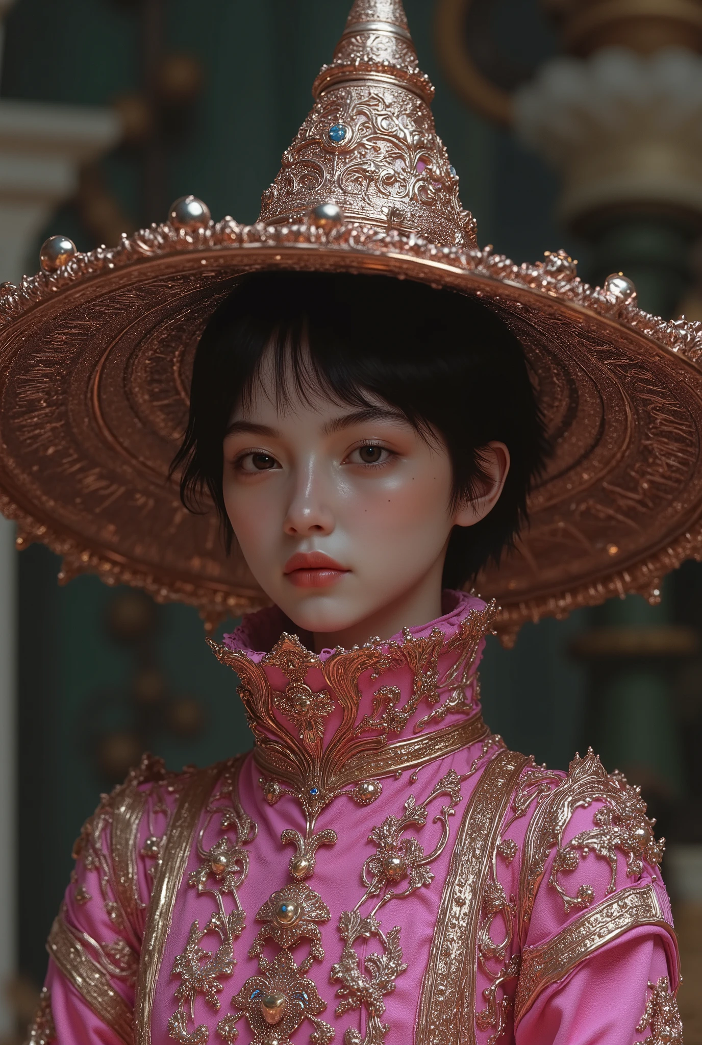 A tall girl with short expresso hair, black eyes with dark circles and a wide nose. rich pink turttleneck outfit. with ricg pink wizard hat