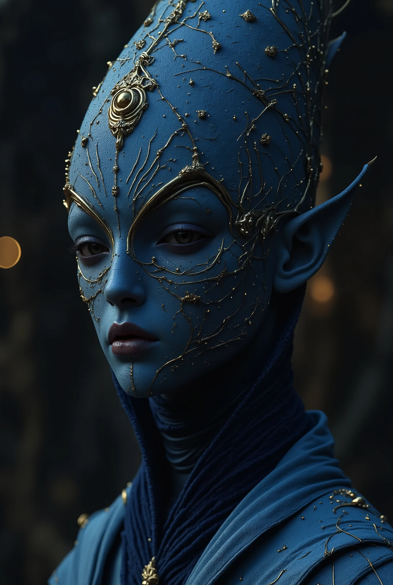 A tall girl with short blond hair, black eyes with dark circles and a wide nose. deep azure blue turttleneck outfit. with deep azure blue wizard hat