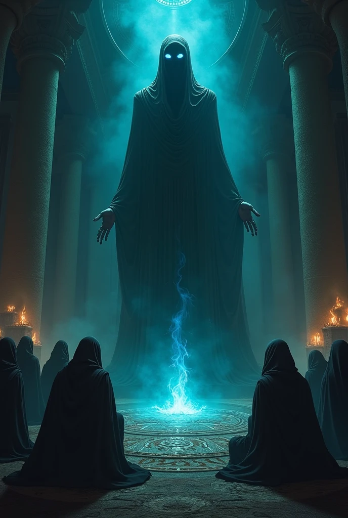 A secret cult of humans worshiping the Hav-Hannuae-Kondras. In a dimly lit chamber, robed figures kneel before an elevated alien, its black eyes staring blankly. Strange symbols glow on the floor, and flickering blue flames cast eerie shadows. The atmosphere is dark, mysterious, and filled with a sense of forbidden knowledge.