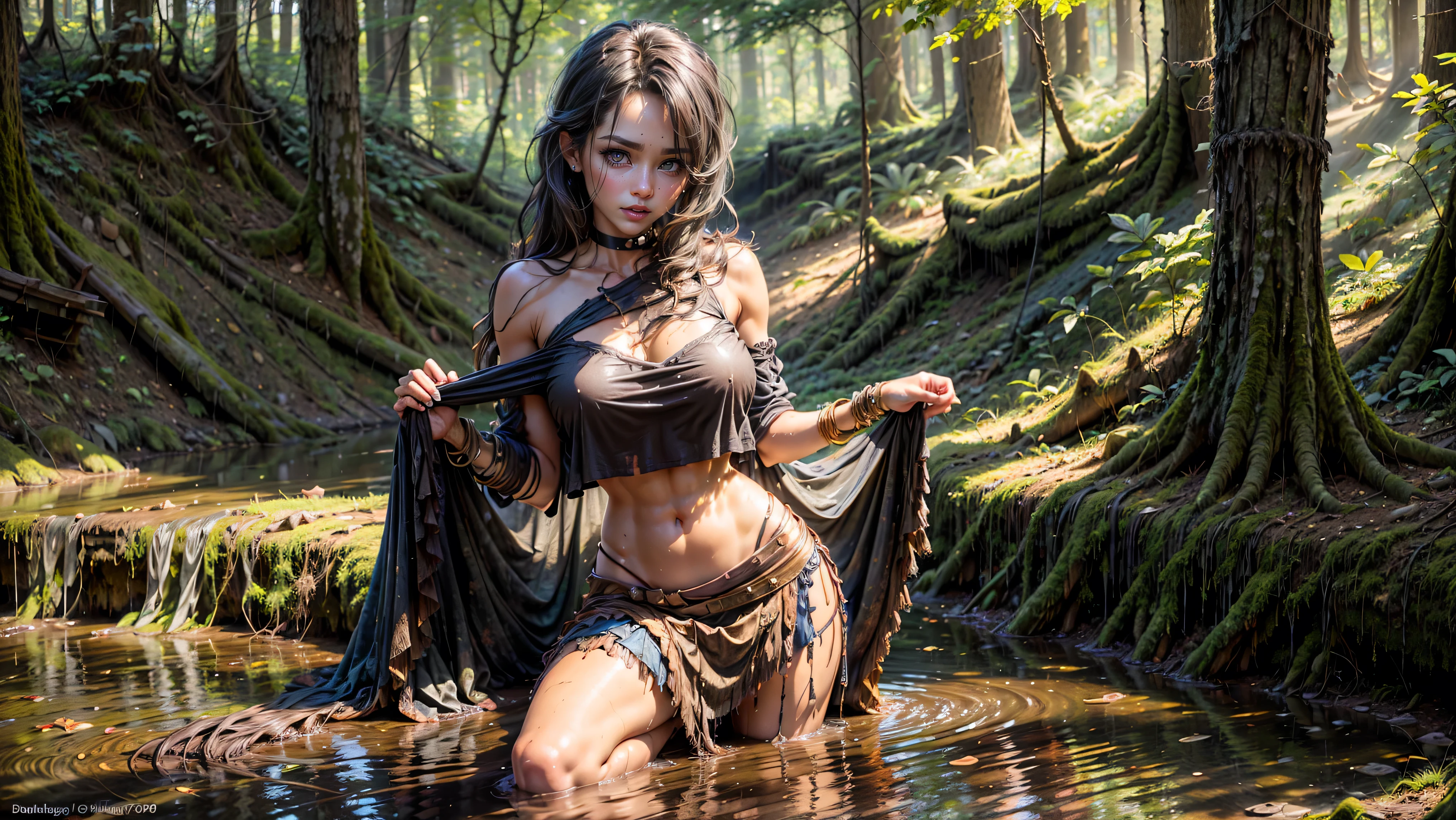 ((1girl, solo)), ((realistic)), Cajun girl walking in the Louisiana swamp, , young girl, cute girl, fit, ((skinny)), ((small hips)), ((hair hanging straight down)), ((dark hair)), ((loose top)), midriff, ((top loosely draped over her breasts)), ((can see her breasts through her top)), looking at viewer, sexy, skirt low on hips, cowboy shot, (full body portrait), beautiful lips, sexy mouth, ribbons, beads, bangles, upper body, dark-eyed, bangs, ribbon, bayou, sunlight just leaking through, walking on wooded trail,