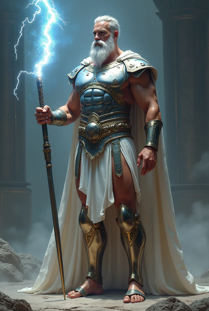 Zeus,alone,tired,powerful old god, long white washed wizard's beard,in a Royal Blue toga,robotic leg,leaning on thunder,piercing look,detailed background,detailed face,greek mythology theme,eternity,standing still,bloom light aura,epic atmosphere,ancient deity,waiting in time,wormed out god