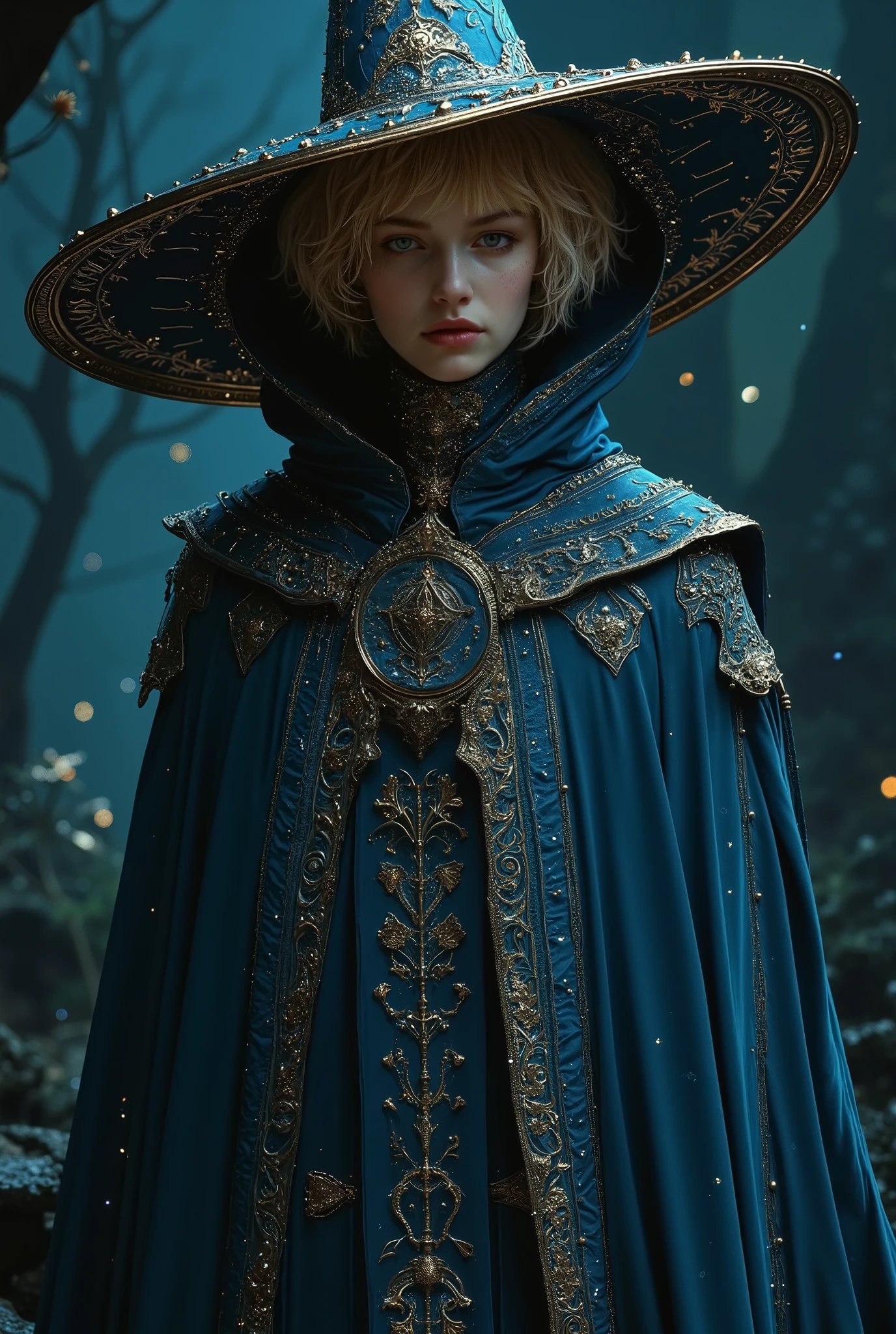 A tall girl with short blond hair, black eyes and a wide nose. deep azure blue wizard outfit. with deep azure blue wizard hat