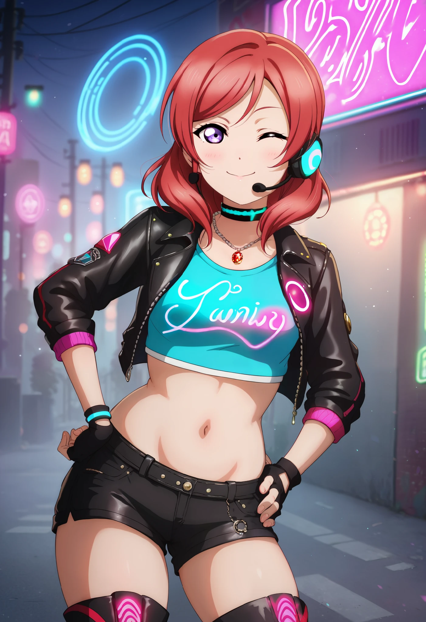Maki nishikino,love live,highres,red hair , purple eyes ,blush ,looking at viewer ,thick thighs ,sexy wink, cowboy shot,front view, happy,Neon blue crop top with glowing circuit patterns, high neckline , sleeveles,Black leather jacket cropped with glowing pink accents,High-waisted black shorts,Thigh-high black boots with neon pink laces ,Fingerless gloves,Headset with red LED lights,choker with a small holographic pendant and a wristband,in street,detailed background,hand on hip, necklace, slightly plump stomach