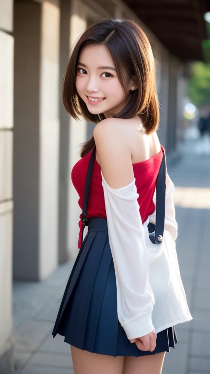 High school girl standing on the school stairs,short sleeve white shirt,Very short red plaid miniskirt:1.2,18-year-old,bangs,a little smile,thighs,knees,from below,random pose,pretty girl,slender girl,white panties,Short-cut blonde,short side waves,carrying a black backpack、buttocks are exposed a lot、buttocks half exposed、