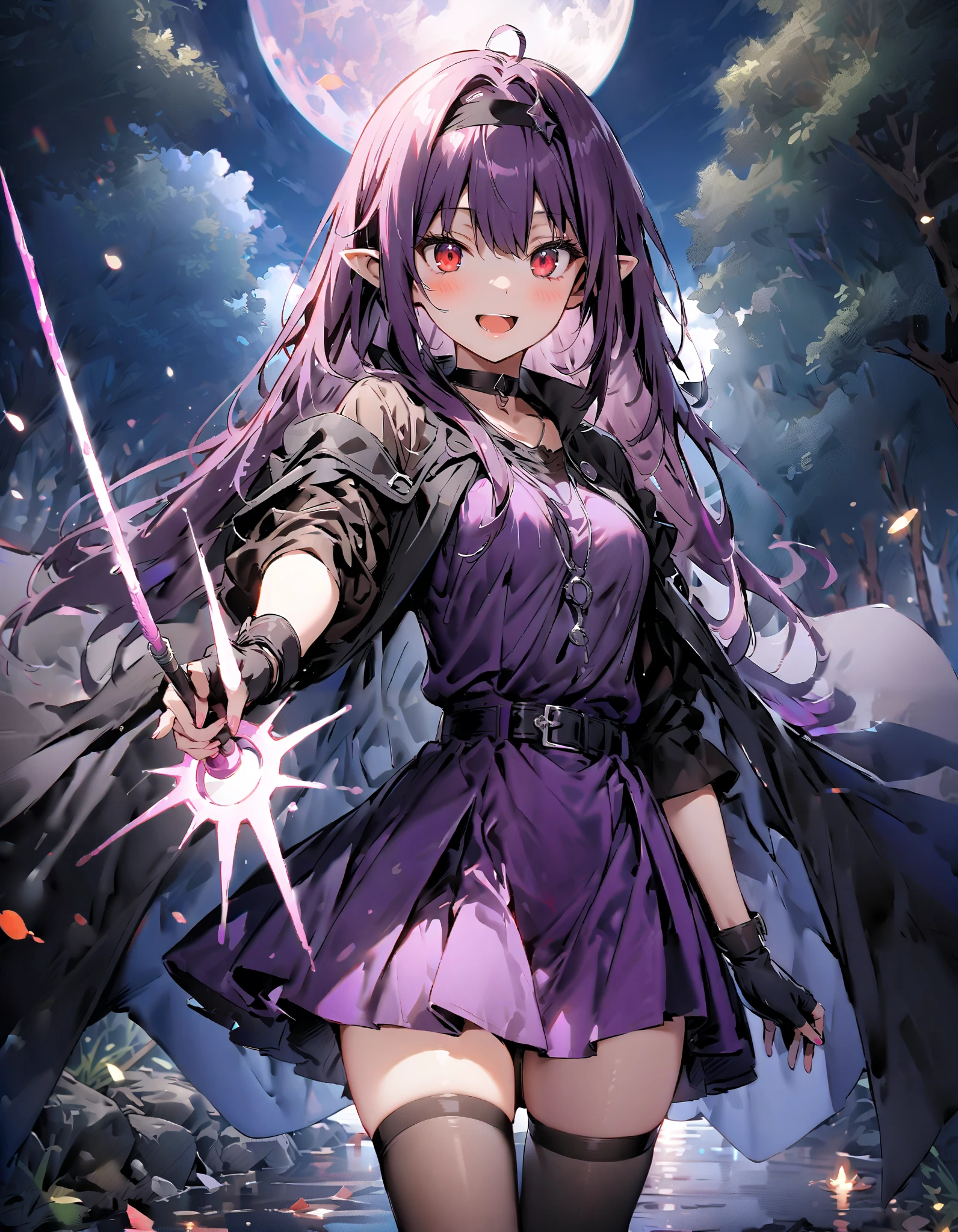 yuukikonno, Konno Yuuki, headband, long hair, pointy ears, purple hair, red eyes ,smile,blush, open your mouth,witch,witchの帽子,
thigh high socks, gloves, gradation shirt that Furakana has , dress, black gloves, belt, black thigh high socks, fingerless gloves, Cape, color, witch gradation shirt that Furakana has , parple dress, white knee socks, boots,hold stick, magic wand on water, are standing,night,moon,whole bodyがイラストに入るように,
break outdoors, forest,
break looking at viewer,whole body,
break ( Masterpiece:1.2), highest quality , kampala, Unity 8k Wallpaper,(shape:0.8),( fine, beautiful eyes :1.6),It's a person ,whole body写真,CG Details , ( perfect hand, Complete Anatomy),