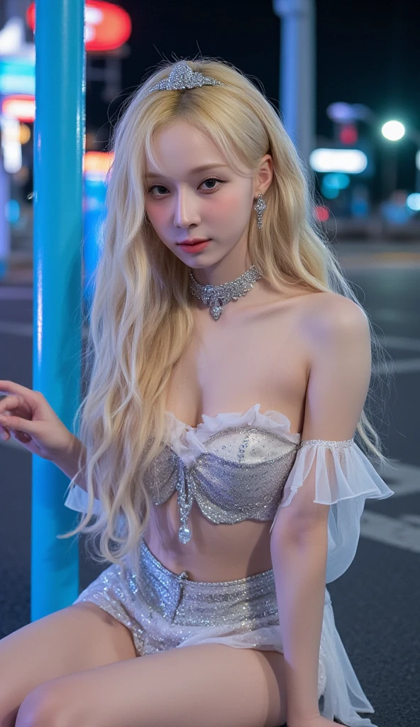 Create a photo of a young woman with wavy light blonde long hair, pale skin. She is half naked wearing transparent mermaid outfit with glitter detail, head accesories, necklace, earing. Her expression is serene, with a soft, reflective gaze. The lighting is shimmering and soft to highlight her delicate features. She is posing like to show off her breasts and armpit. The background is a fantasy beach concept with luminescent elements at night. The overall mood is sophisticated, erotic.