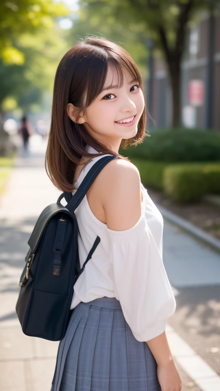 foto realista de uma jovem sorrindo indo para a escola de mochila, ambiente escolar de frente