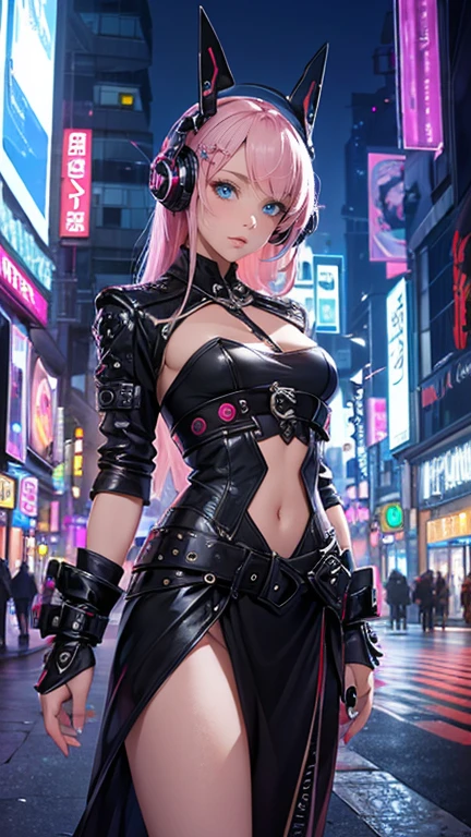 Imagine an anime girl with neon-pink hair styled in futuristic asymmetrical layers, accented with latex bows. Her swimsuit, a blend of cyberpunk aesthetics and playful ta elements, features neon latex with holographic frills. Posing in a cyberpunk cityscape with floating holographic platforms, she stands with a cyberpunk parasol. The latex swimsuit has holographic lace trims and bow embellishments, and her expression is one of confident allure, embodying the essence of a Cyberpunk Latex Doll.