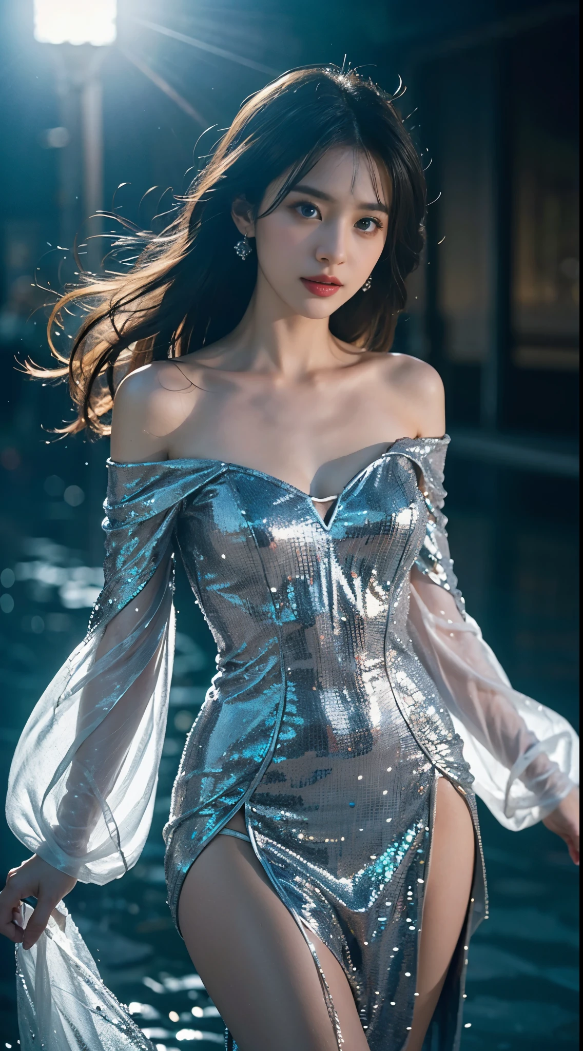 (((best quality))),(((ultra detailed))),(((masterpiece))),illustration,1 beautiful girl,solo,slim,thin,flat chest,shoulder length straight bob hair,flowing hair,fair skin,(shiny skin:1.3),sparkling eyes,blue dress,delicate silver necklace,grass,dewdropletts,trees,bird chirping,(shimmering shadows:1.3),serenity,gratitude,awe,wonders of nature,peace,contentment,magnificent world,summer,(sunrise:1.5),(pitch-dark dawn:1.5),upper body,from front,(after rain:1.3),(wet:1.3),standing,dark clouds,confident gaze,elegant posture,mysterious atmosphere,solemn mood,beam of light,deep blue sky,dawn approaching,detailed decorations