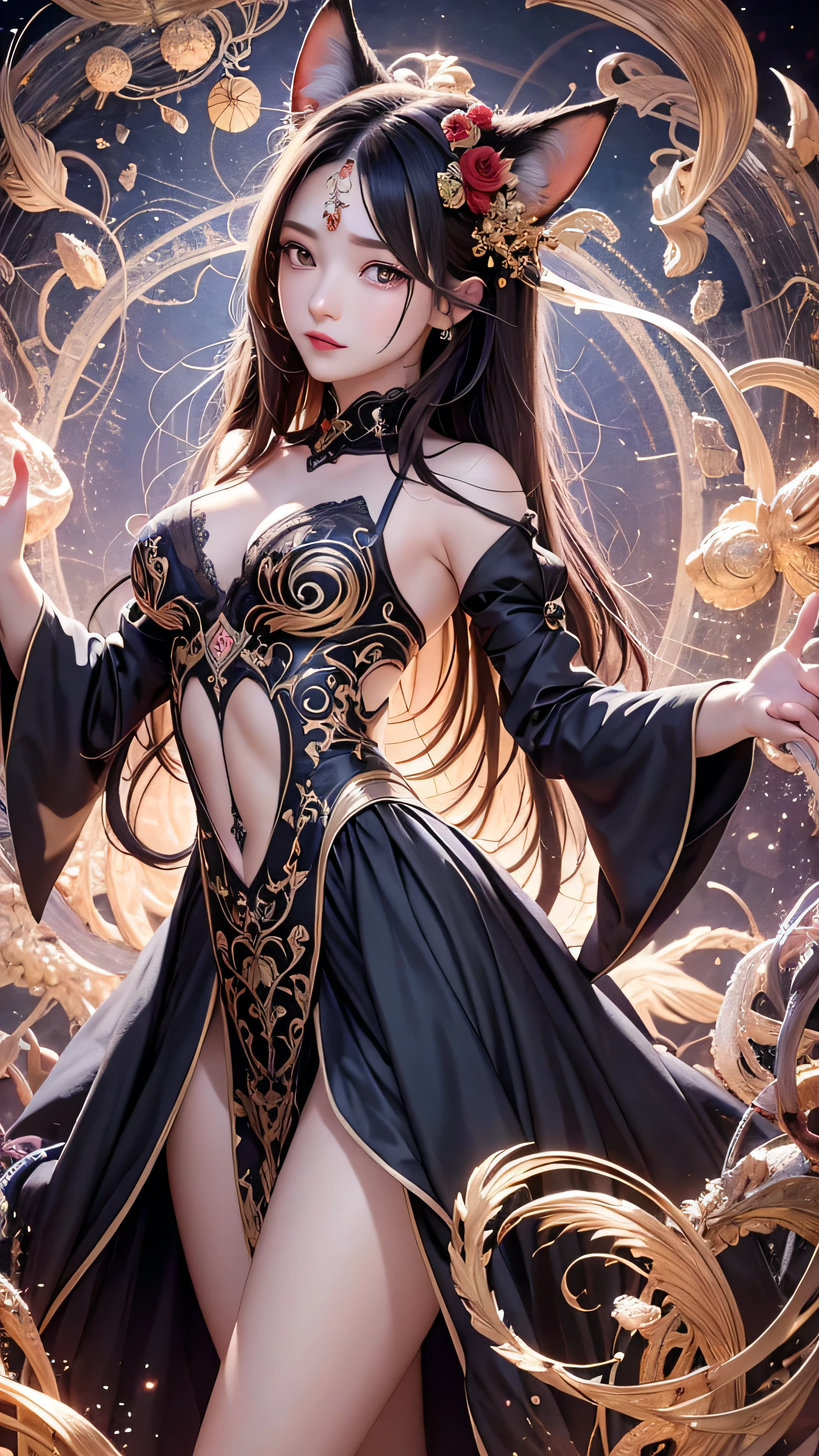 one girl, alone, Official Art, Unity 8k Wallpaper, very detailed, beautiful and aesthetic , Masterpiece, highest quality, by Nomi, ( abstract background:1.5) (zIntertwined, Mandala, [ "Intertwined, Intertwined:0.7) Fox Witch, Fox Mask , Haori, Foxfire Spell, foxes are used to it , Transformation, depth of border described , dreamy atmosphere , the most beautiful form of chaos , elegant, dark themes in Fauvism designs, Flower of Death , flower ecstasy,