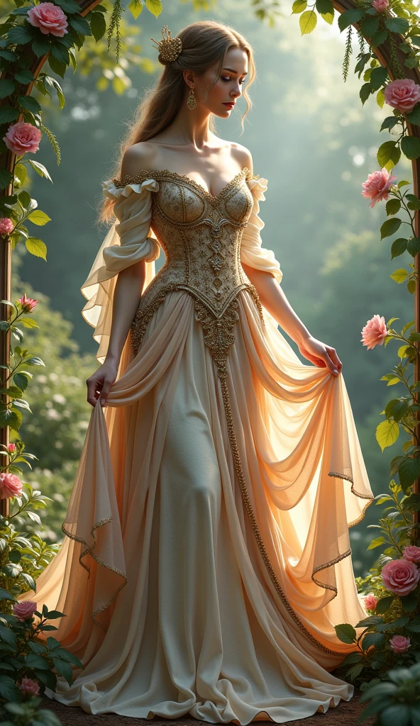 A 1.5 meters tall girl in her 20s wearing: wide knee-lenght breeches, a widesleeveless chemise under a corset, sandals with wedges and a ribbon on top and a long white curly wig