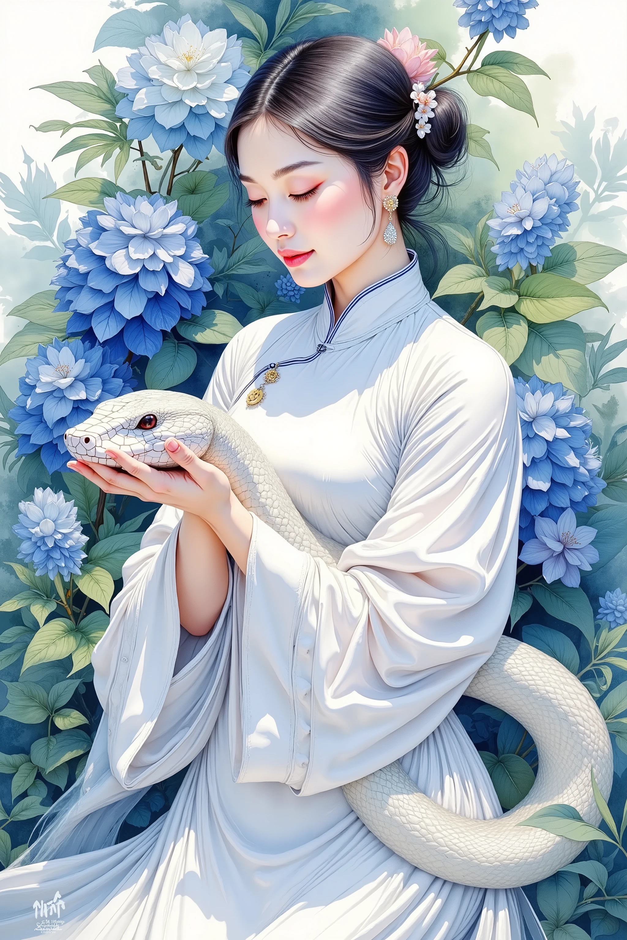 snake watercolor, a woman wearing a white choeongsam, petting a white snake, blue flower in background, Chinese theme